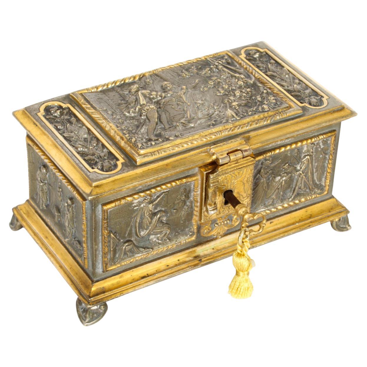 Antique French Silvered 
Gilt Bronze Jewellery Casket Box 19th Century