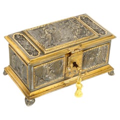 Boîte à bijoux française ancienne en bronze doré et argenté du 19ème siècle