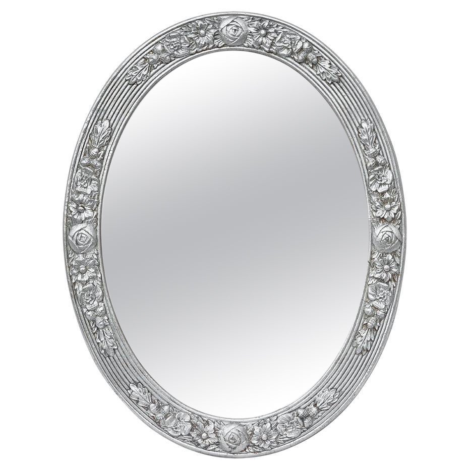 Antique French Silvered Wood Oval Mirror, Art Nouveau Period, circa 1900