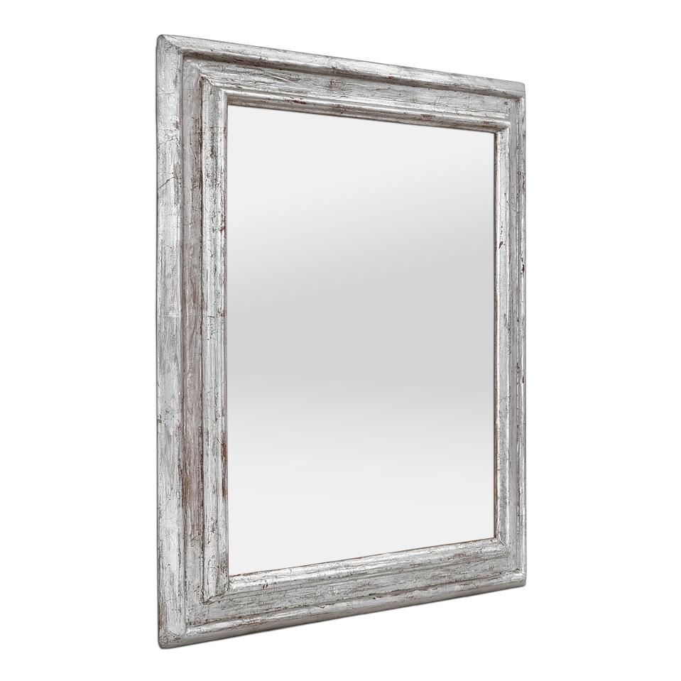 Miroir mural ancien en bois argenté, des années 40. Cadre ancien en bois sculpté au profil 