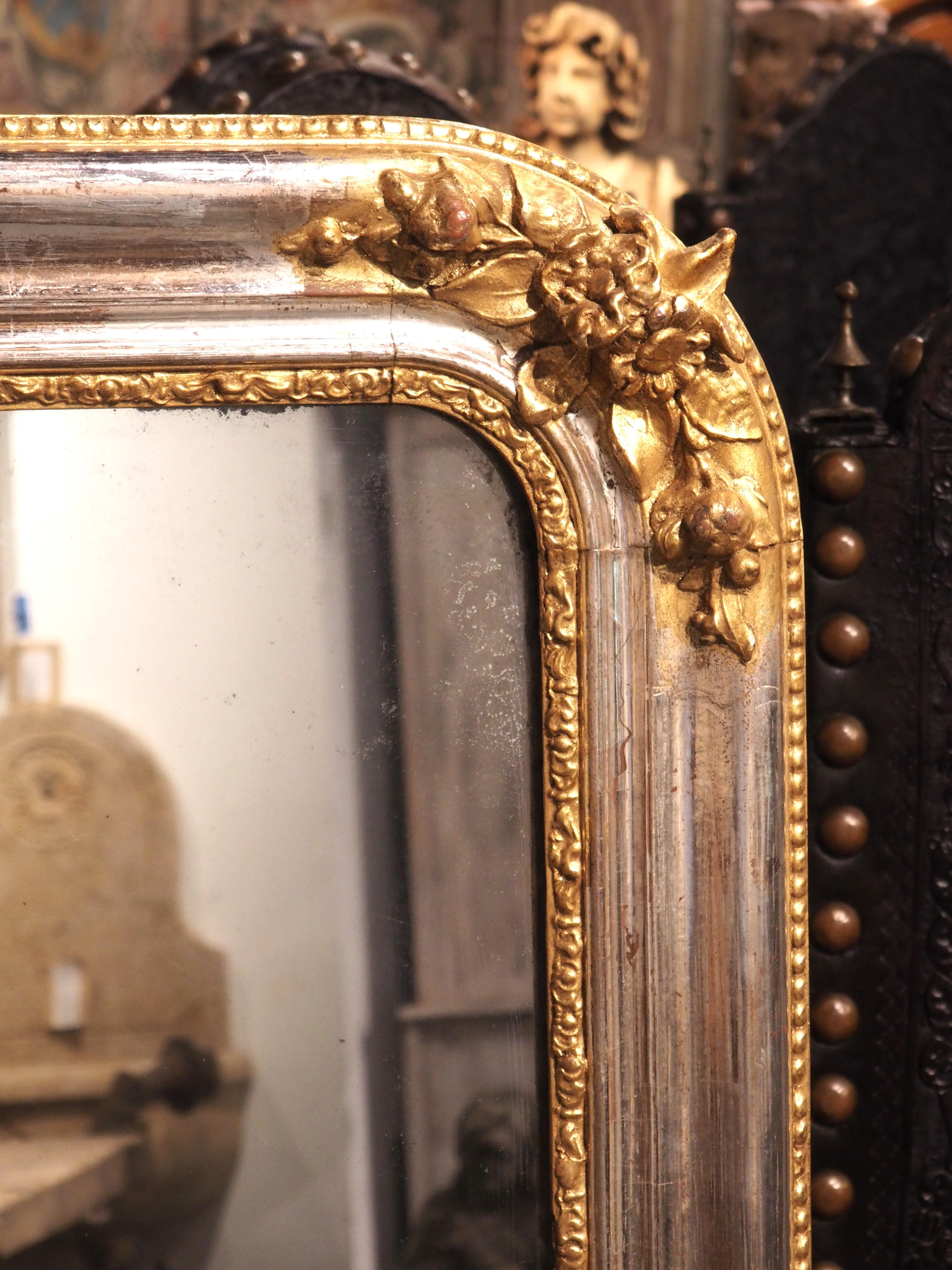 Antique French Silverleaf Louis Philippe Mirror with Giltwood Floral Accents In Good Condition In Dallas, TX