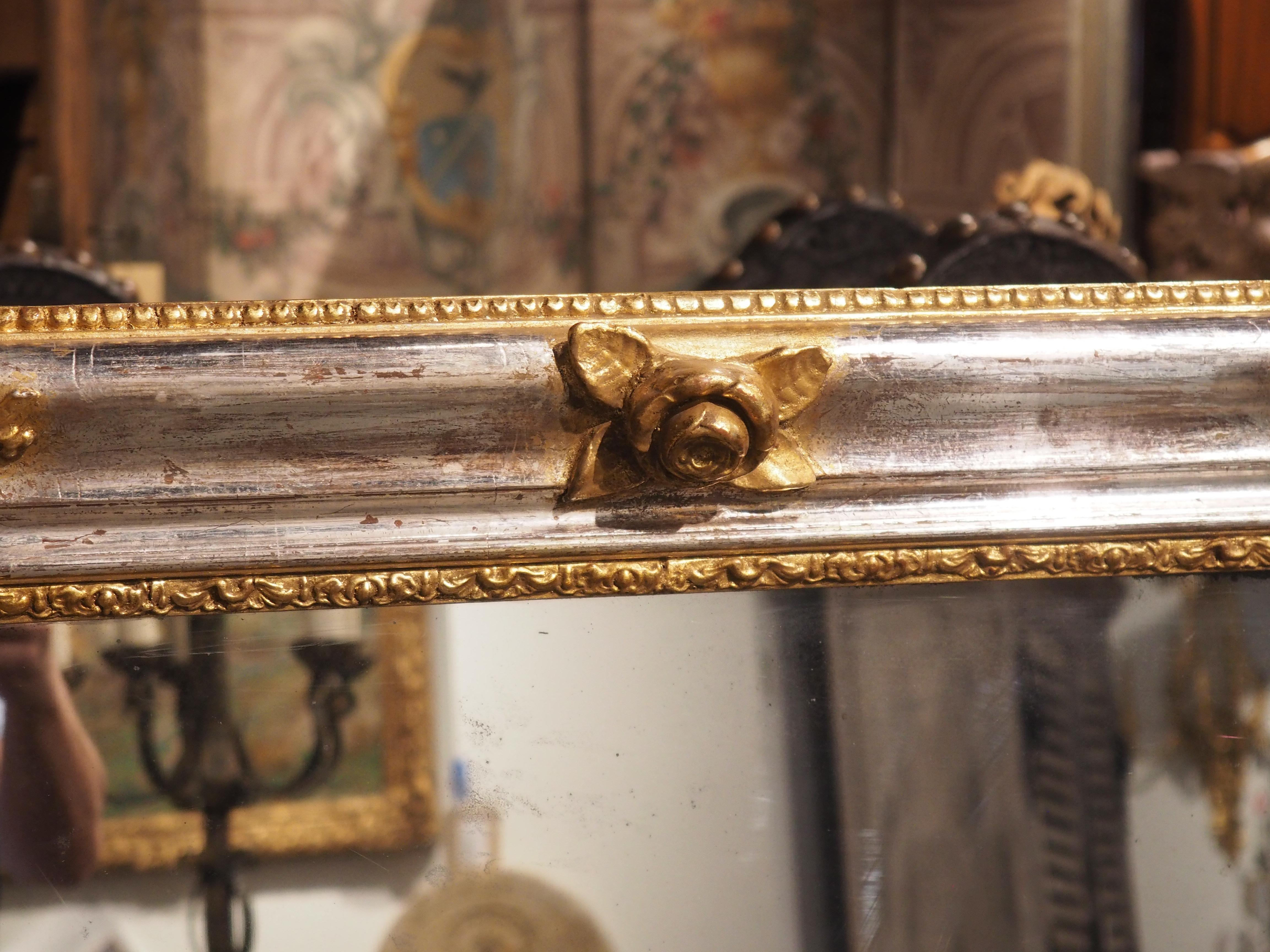 19th Century Antique French Silverleaf Louis Philippe Mirror with Giltwood Floral Accents