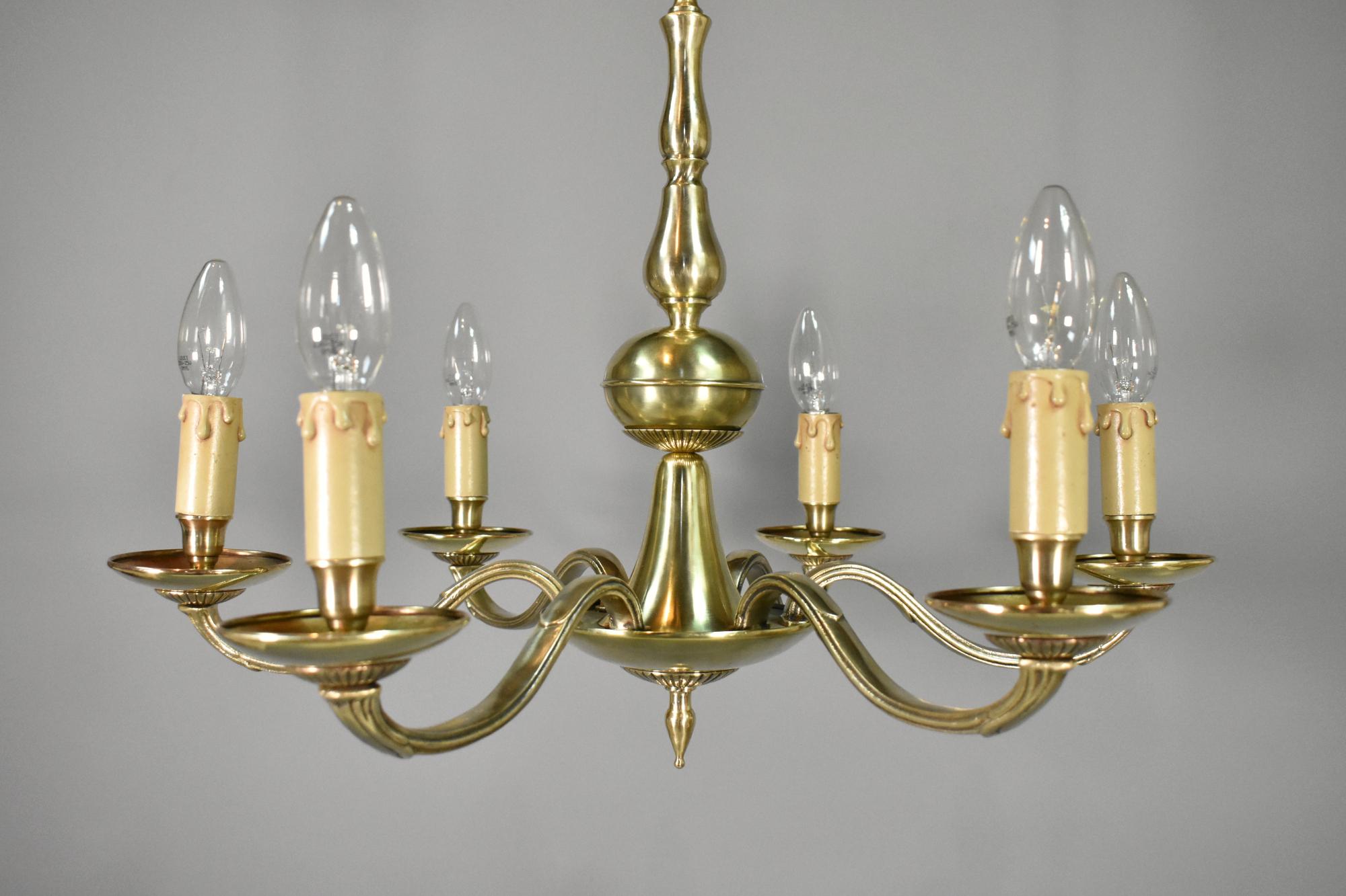 Polished Antique French Six Light Bronze Chandelier Louis XVI Style For Sale