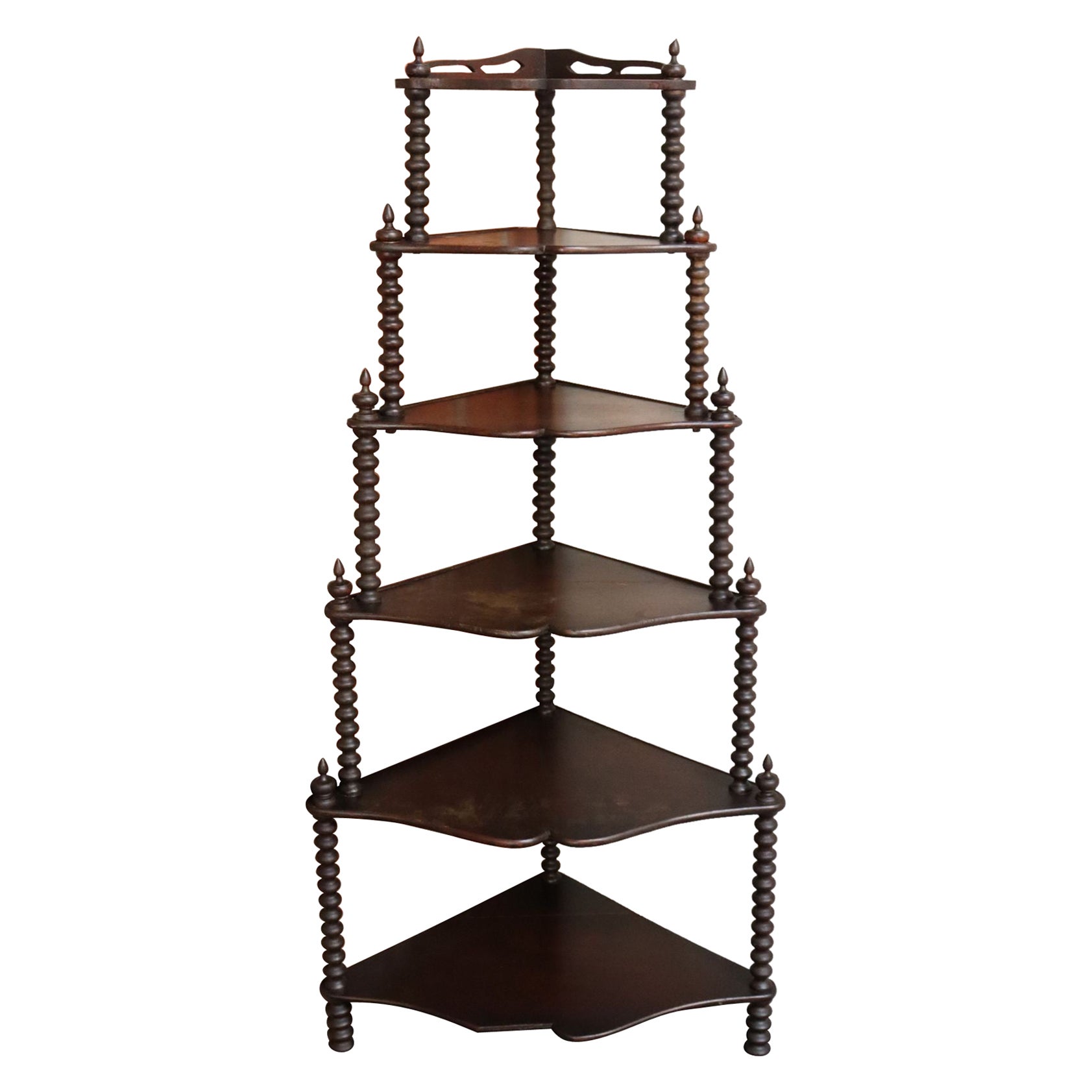 Antique French Sechs-Tier gebeizt Mahagoni Spool Form Ecke Regal / Etagere im Angebot