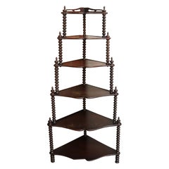 Antique French Estantería esquinera de caoba teñida de seis niveles con forma de carrete / Etagere