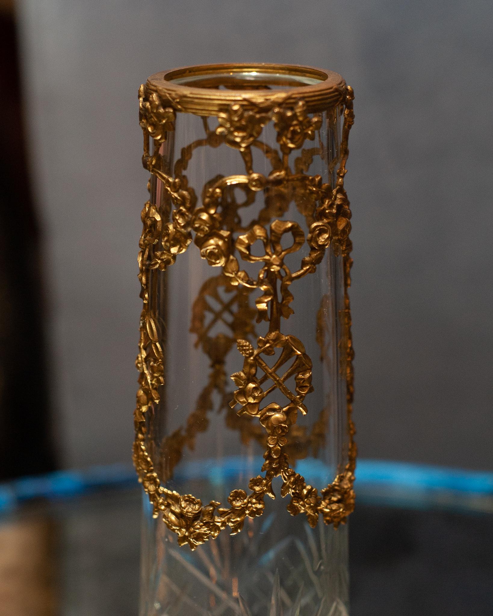 19th Century Antique French Small Cut Crystal Vase with Bronze Ormolu Wreaths