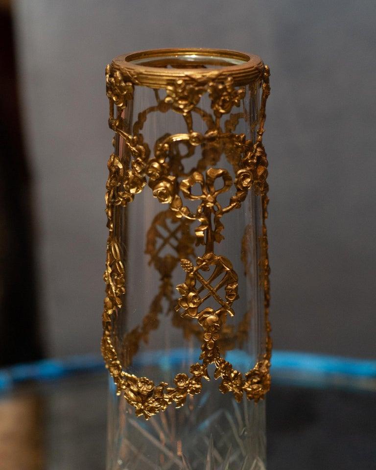 Antique French Small Cut Crystal Vase with Bronze Ormolu Wreaths In Good Condition In Toronto, ON