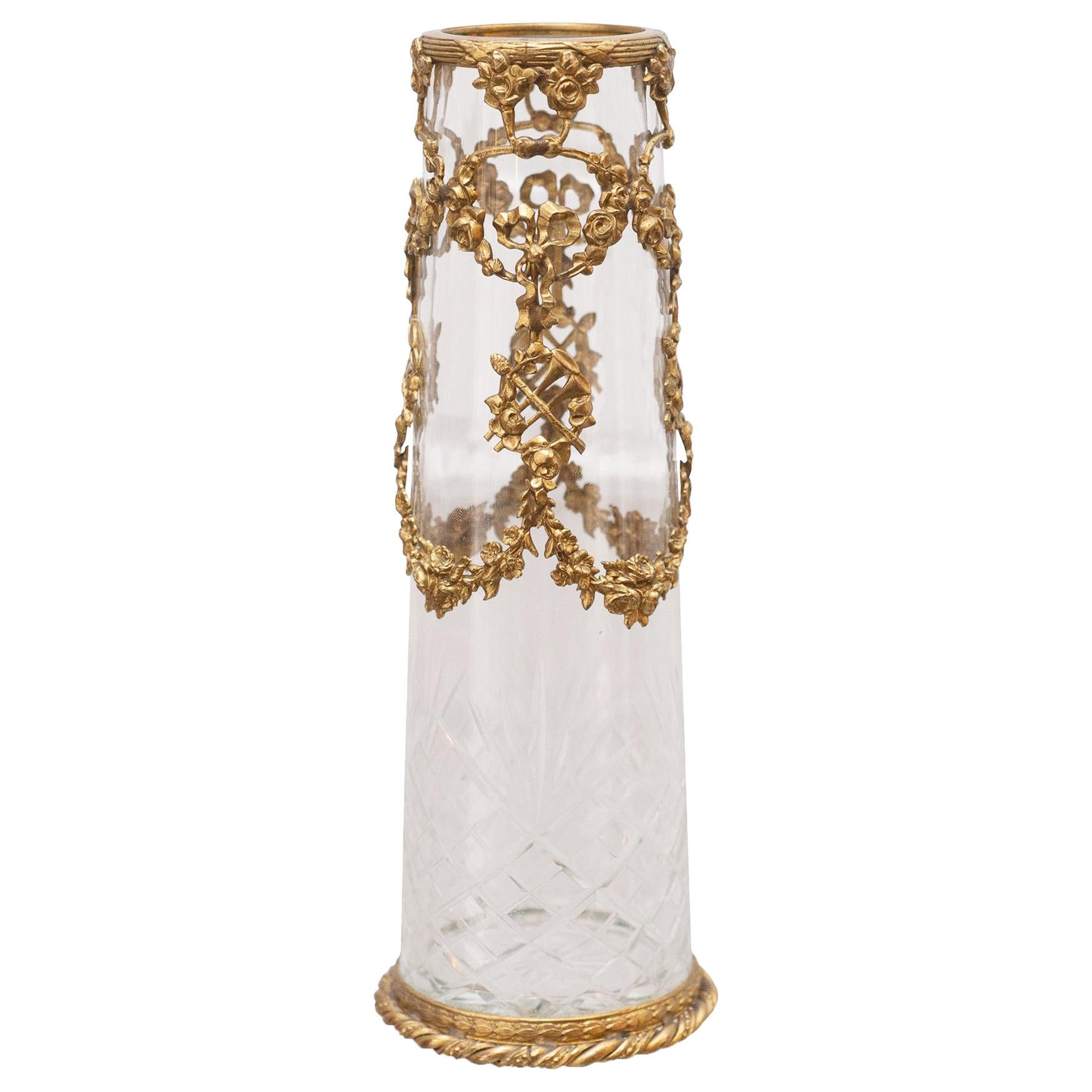 Antique French Small Cut Crystal Vase with Bronze Ormolu Wreaths