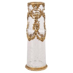 Antique French Small Cut Crystal Vase with Bronze Ormolu Wreaths