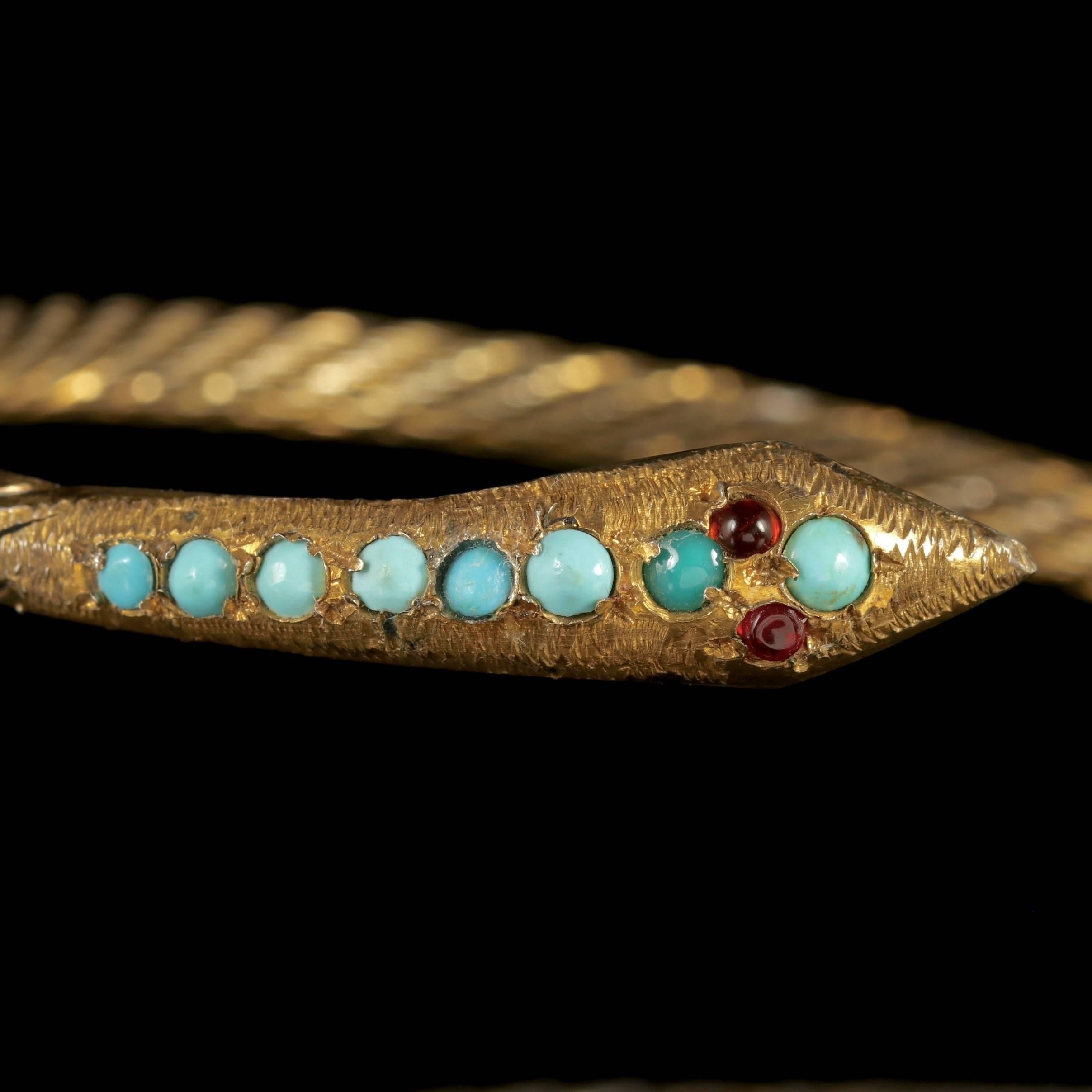 Antique French Snake Bangle Turquoise Garnet Silver Gilt, circa 1900 In Excellent Condition In Lancaster, Lancashire