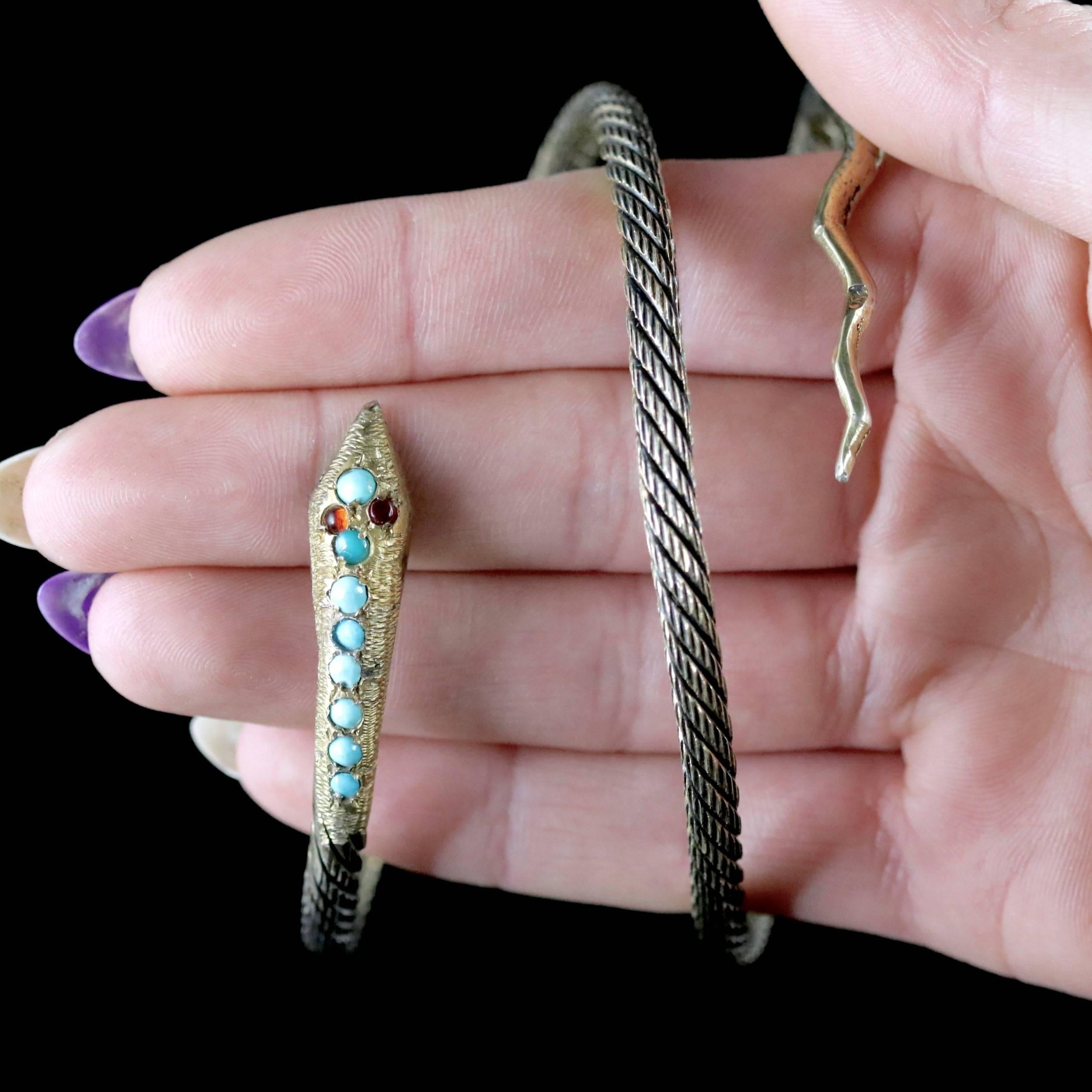 Antique French Snake Bangle Turquoise Garnet Silver Gilt, circa 1900 3