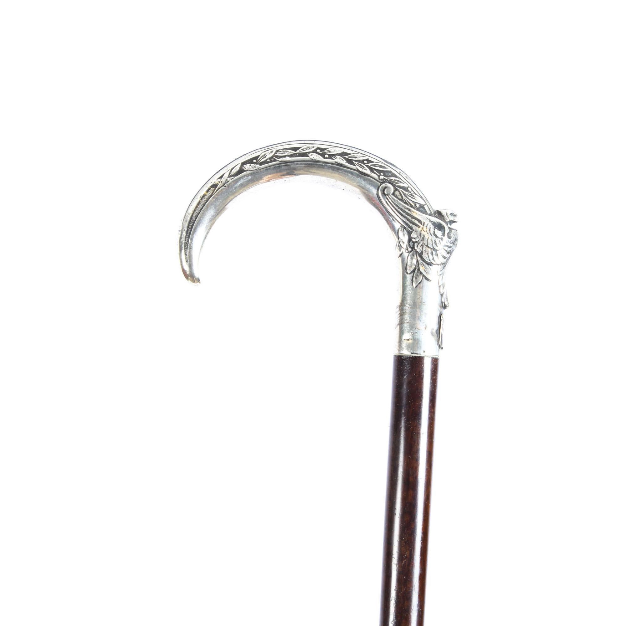 Sterling Silver Antique French Snakewood Walking Cane Stick Silver Eagle Handle, 19th Century