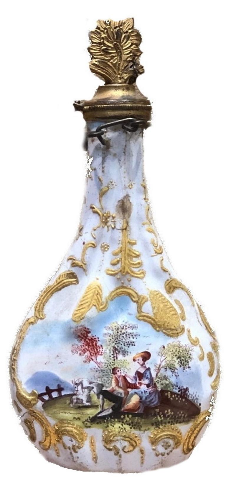 This rare 18th century snuff bottle made of copper is covered all over its surface with a beautiful pastoral painting, depicting two different scenes of gallant courtship on both sides – a noble lady and a cavalier on one side; and a shepherd with a