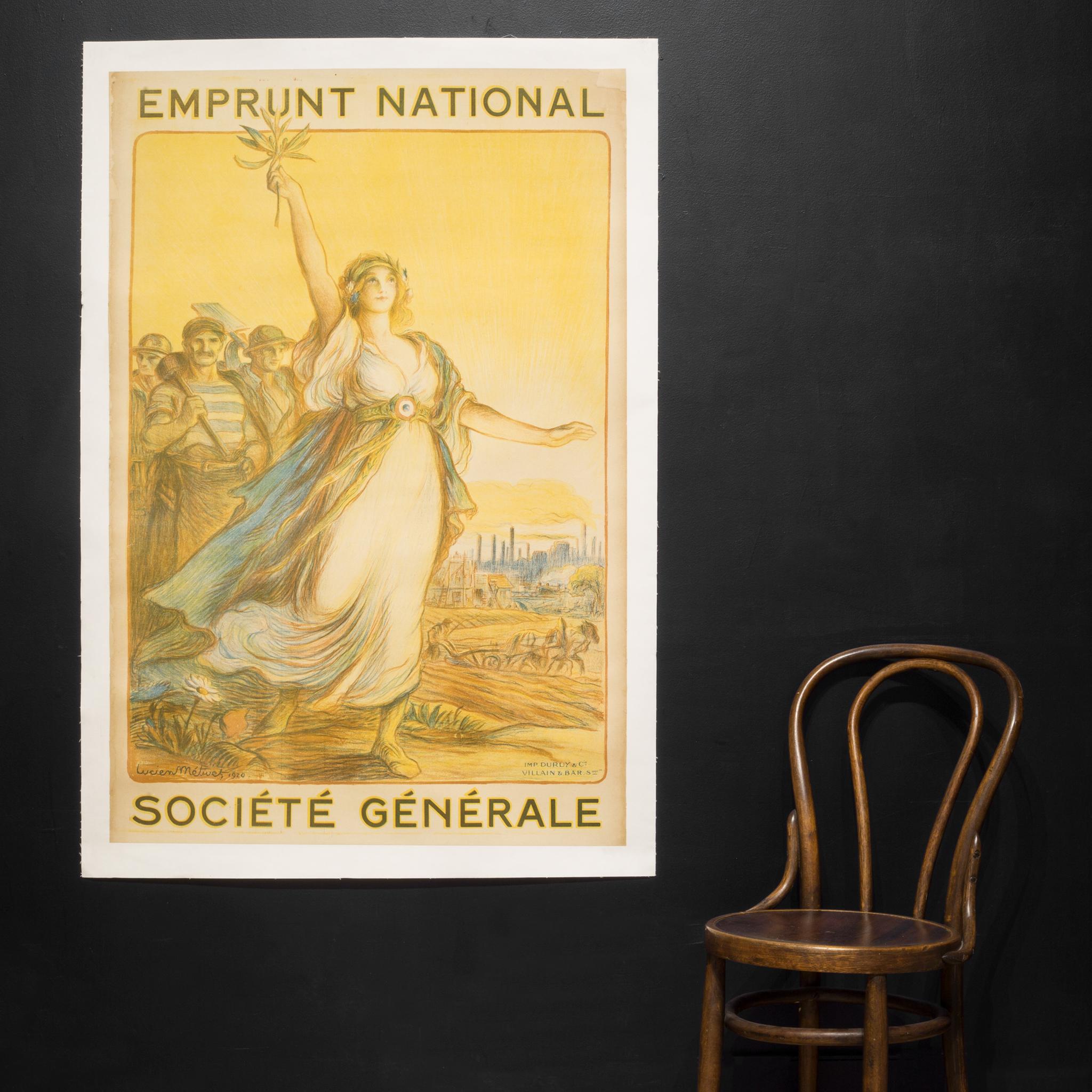 About

Original poster. Color lithograph. A French poster advertising the National Loan of 1920. In this poster the figure of victory, with a belt clasp in the form of a French roundel, holds an olive branch above her head and is leading a group