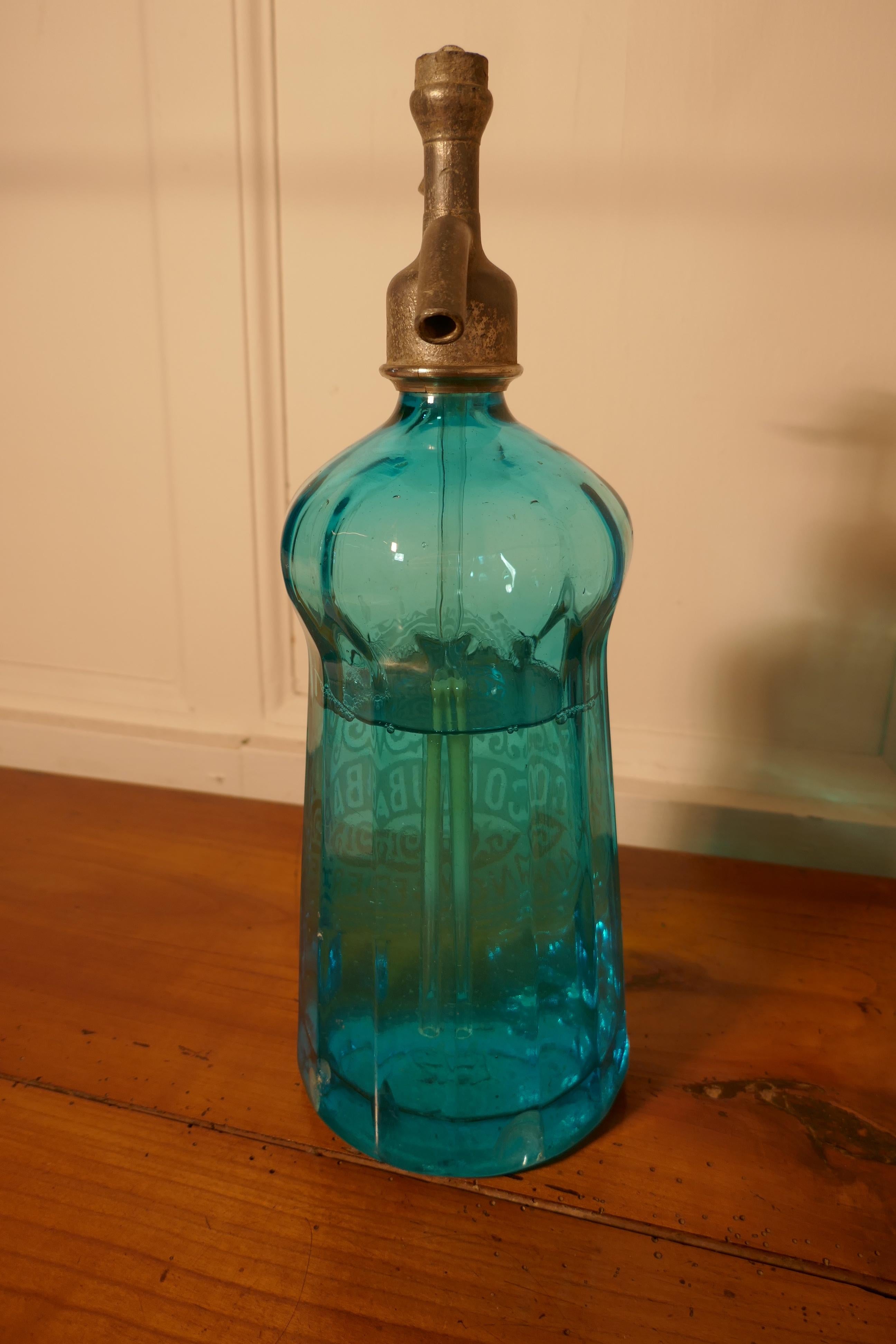 French Provincial Antique French Soda Syphon Blue Glass from Angers, Loire