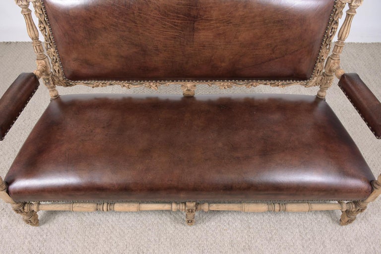 Leather Antique French Hand Carved Oak Sofa For Sale