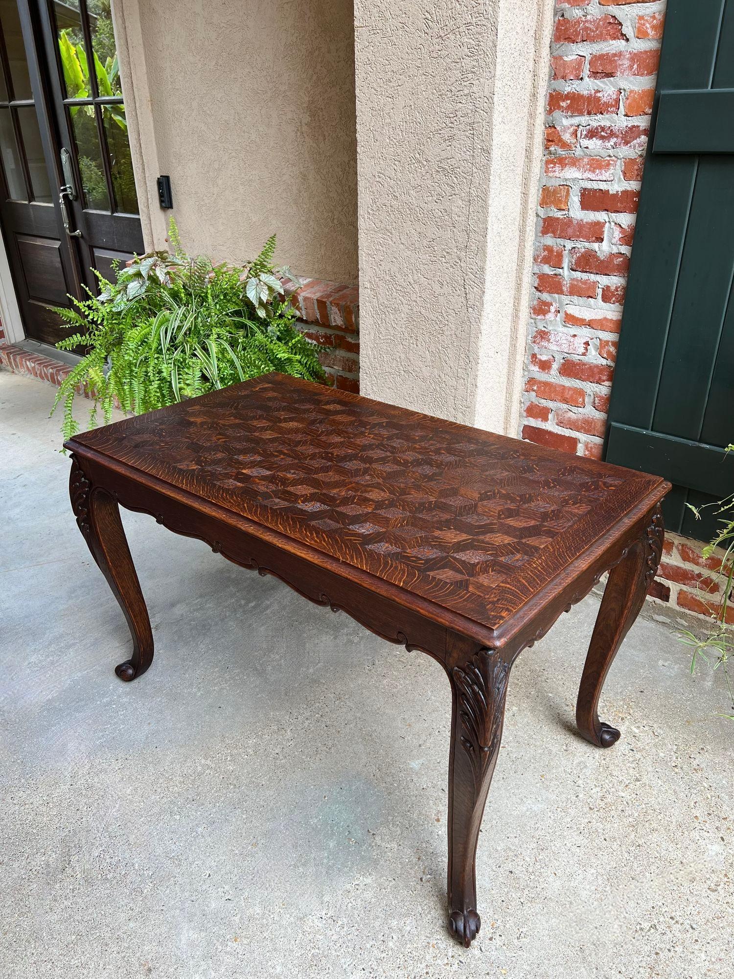 Antique French Sofa Side Table Writing Desk Louis XV Carved Oak Parquet Top In Good Condition For Sale In Shreveport, LA