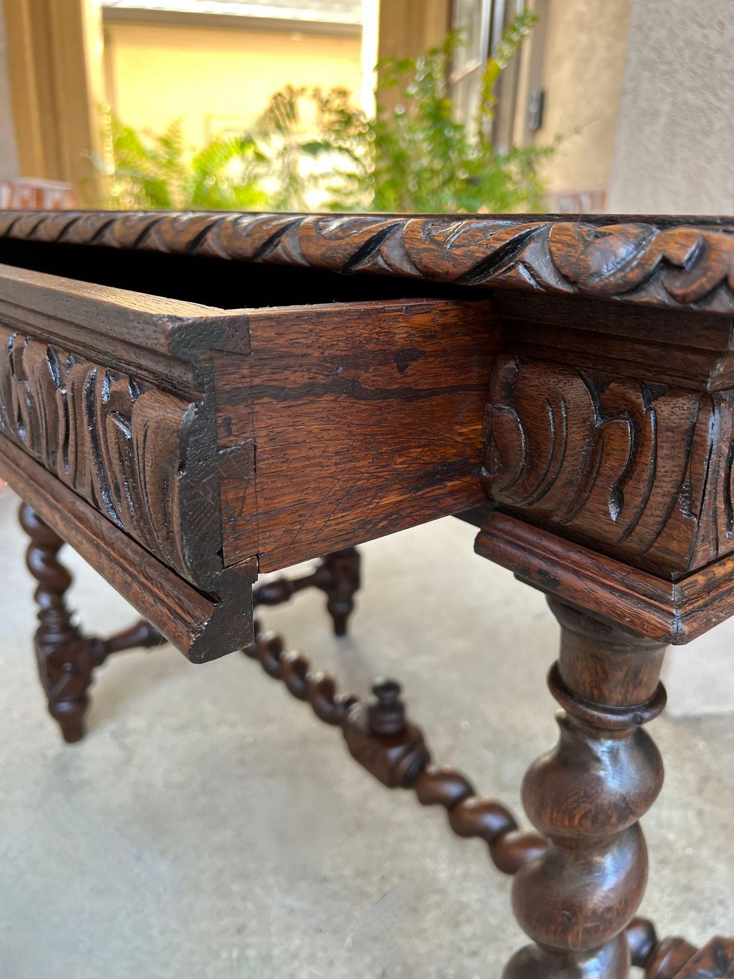 Antique French Sofa Table Writing Desk Barley Twist Carved Oak Renaissance 6