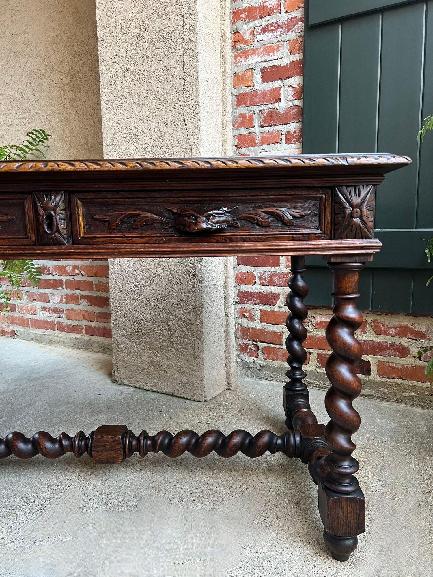 Antique French Sofa Table Writing Desk Barley Twist Carved Oak Renaissance 13