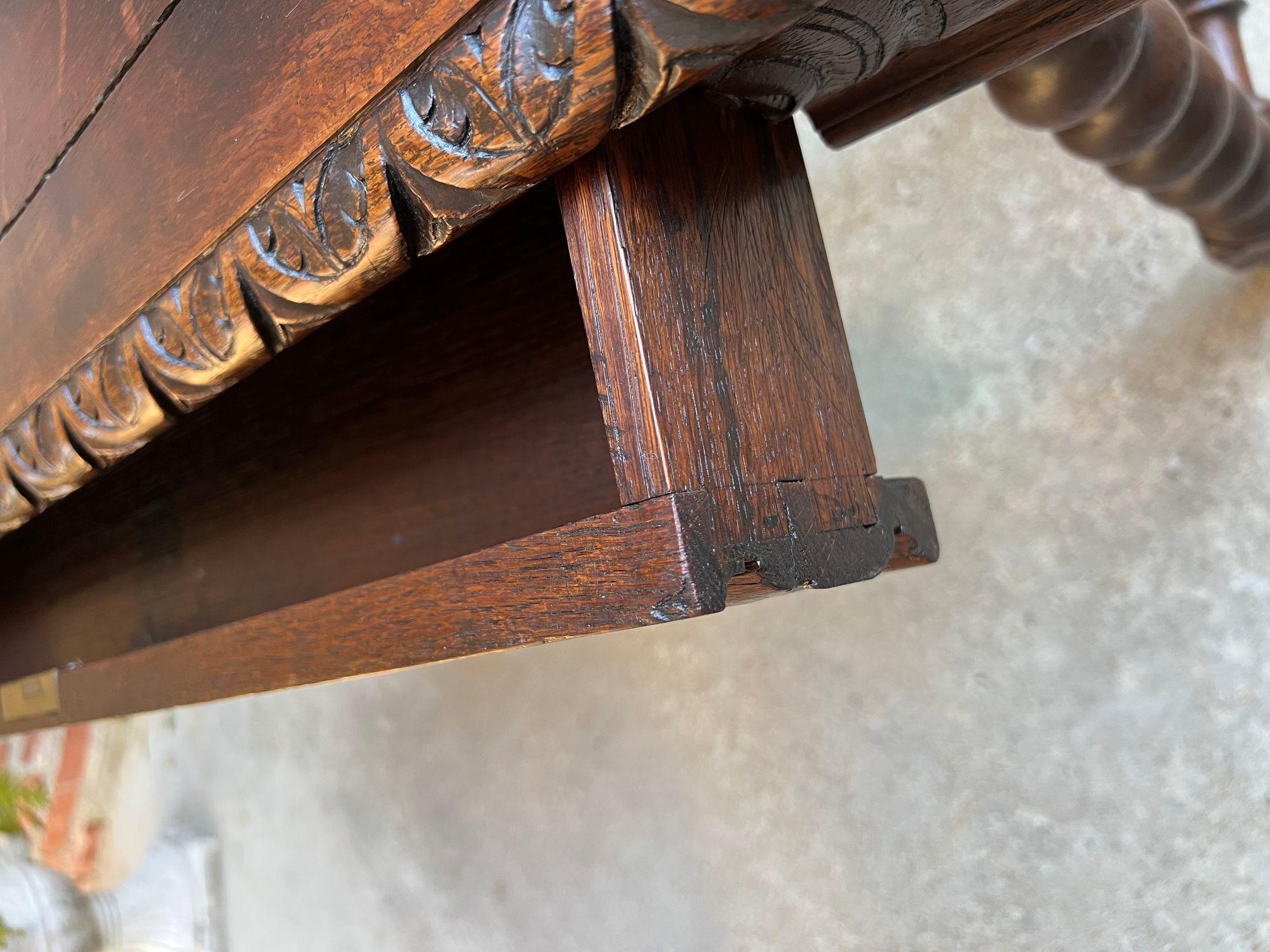 Antique French Sofa Table Writing Desk Barley Twist Carved Oak Renaissance 13
