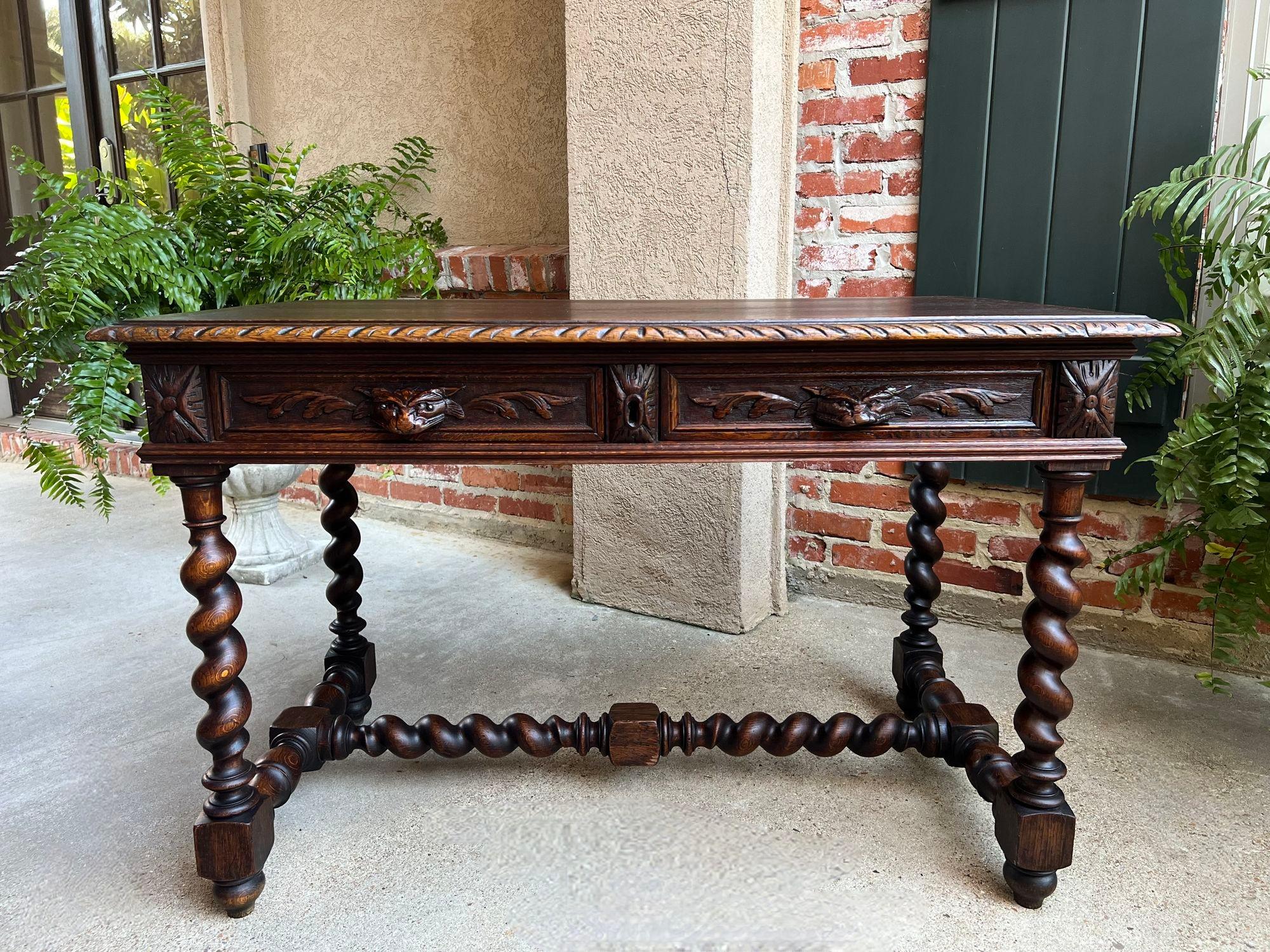Antique French Sofa Table Writing Desk Barley Twist Carved Oak Renaissance.

Direct from France, a lovely antique French writing desk or sofa table in a very versatile size with beautiful features!! Large, lovely barley twist legs as well as a long