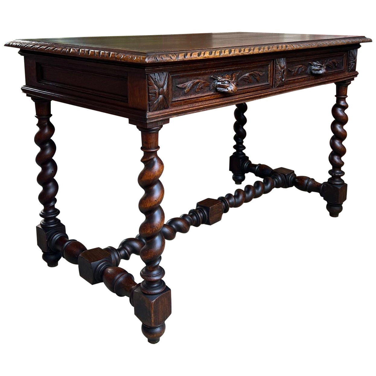 Antique French Sofa Table Writing Desk Barley Twist Carved Oak Renaissance