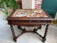 Antique French Sofa Table Writing Desk Barley Twist Carved Renaissance Tapestry