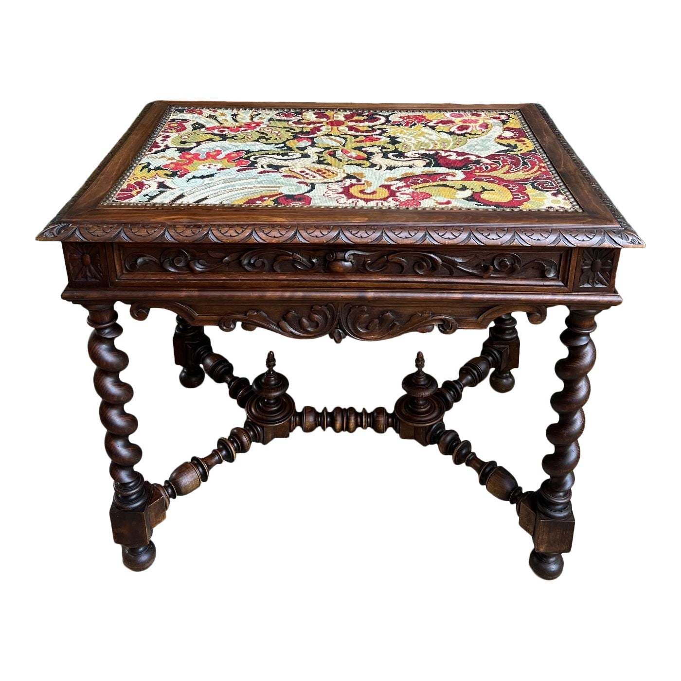 Antique French Sofa Table Writing Desk Barley Twist Carved Renaissance Tapestry
