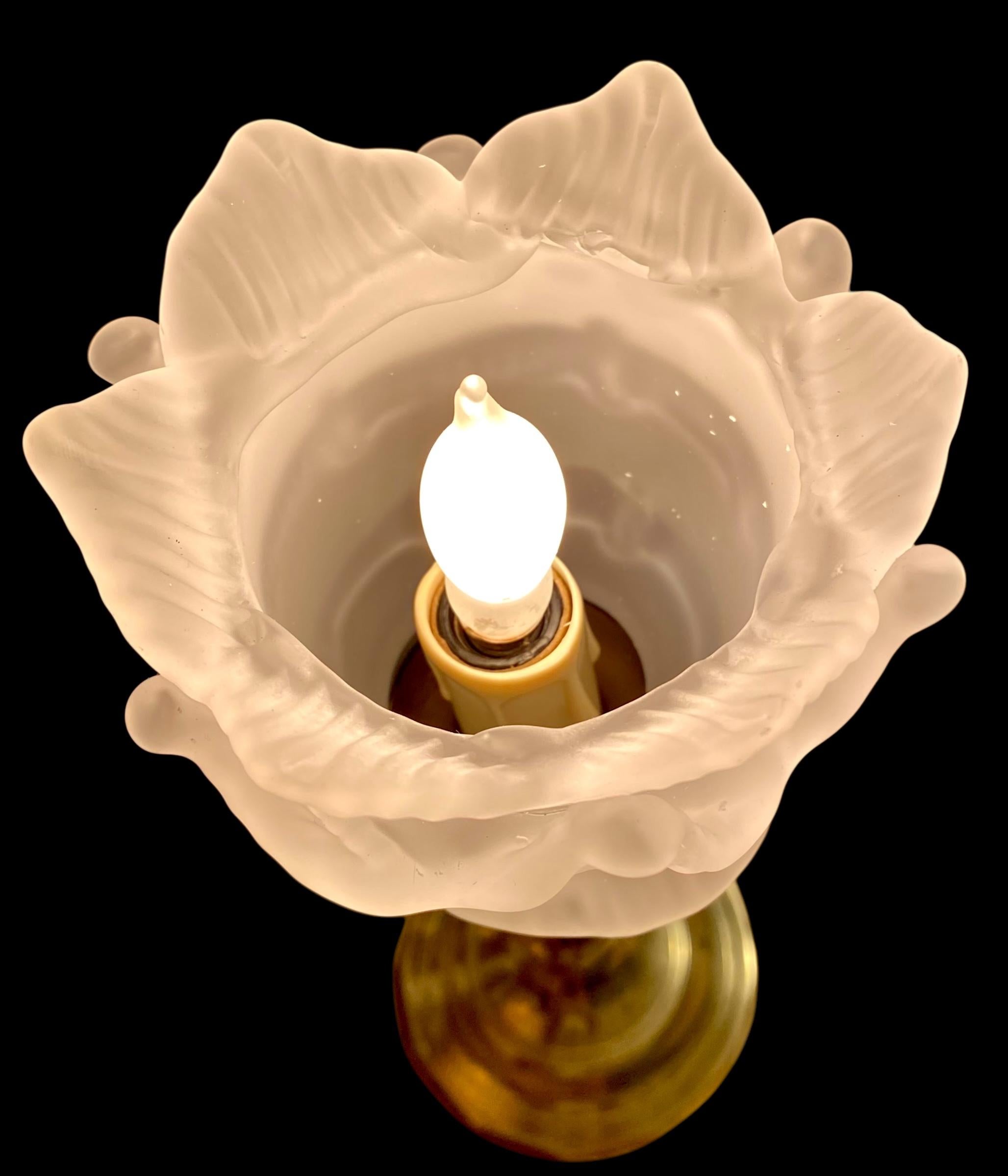 Antique French Sold Brass Candlestick Lamp With Frosted Glass Leaves Shade 5