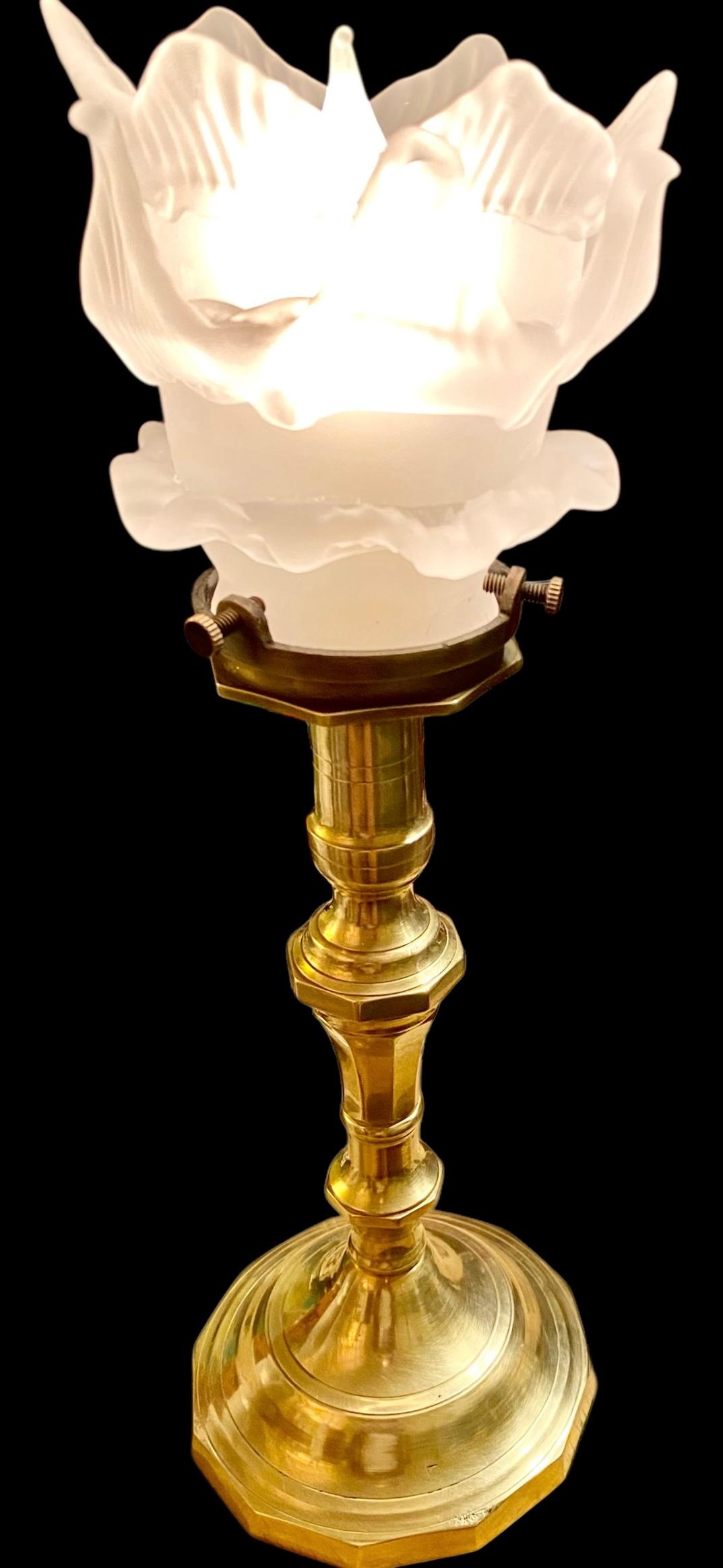 Antique French Sold Brass Candlestick Lamp With Frosted Glass Leaves Shade 6