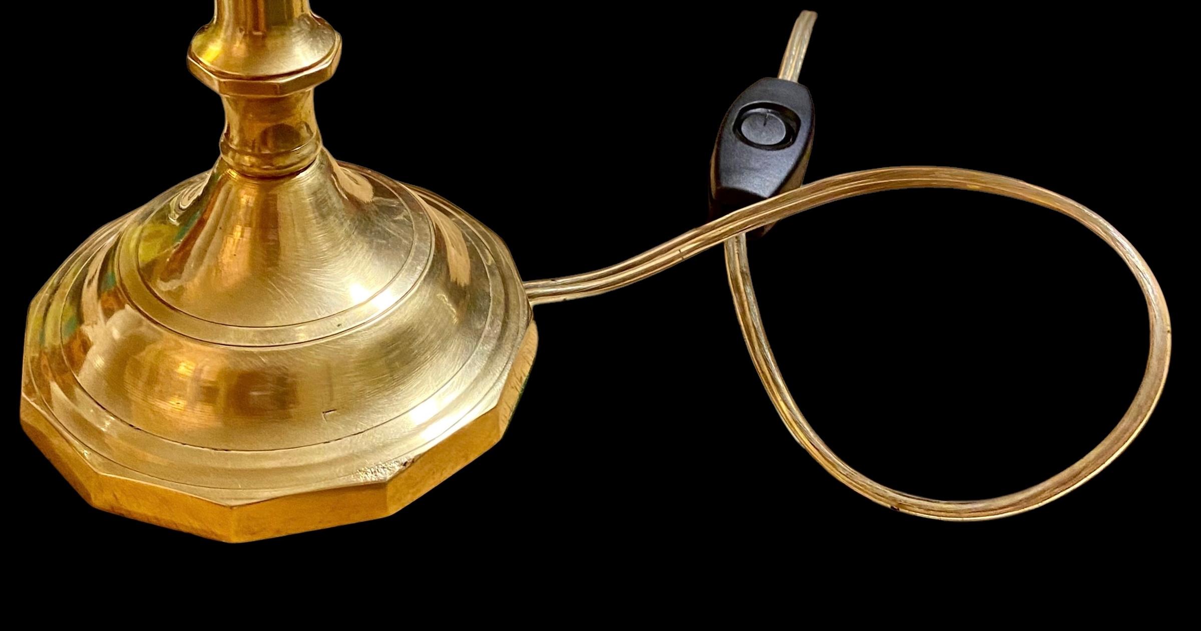 Belle Époque Antique French Sold Brass Candlestick Lamp With Frosted Glass Leaves Shade
