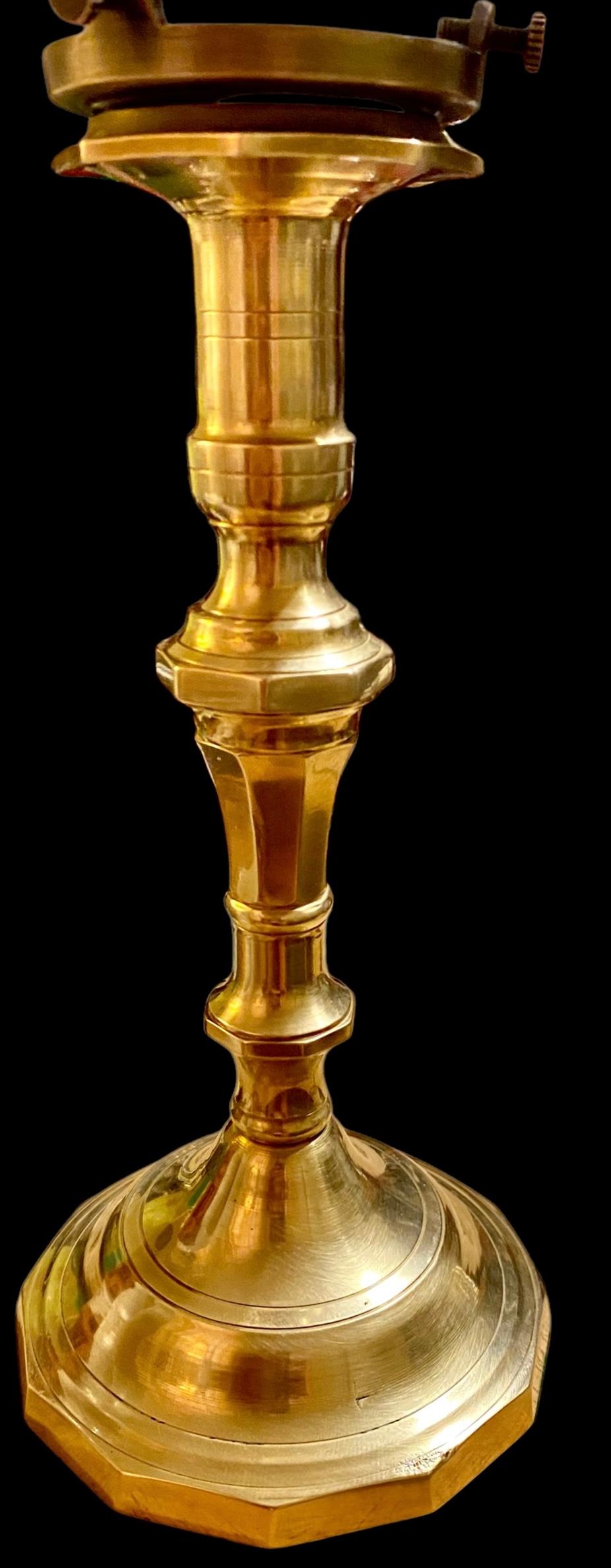 Hand-Crafted Antique French Sold Brass Candlestick Lamp With Frosted Glass Leaves Shade