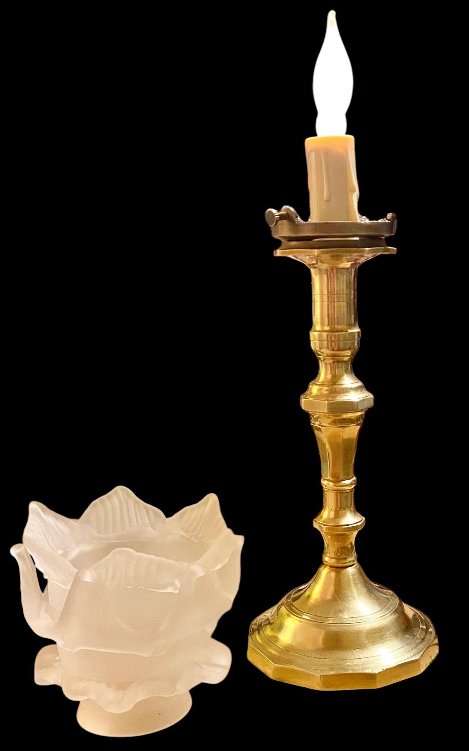 Early 20th Century Antique French Sold Brass Candlestick Lamp With Frosted Glass Leaves Shade