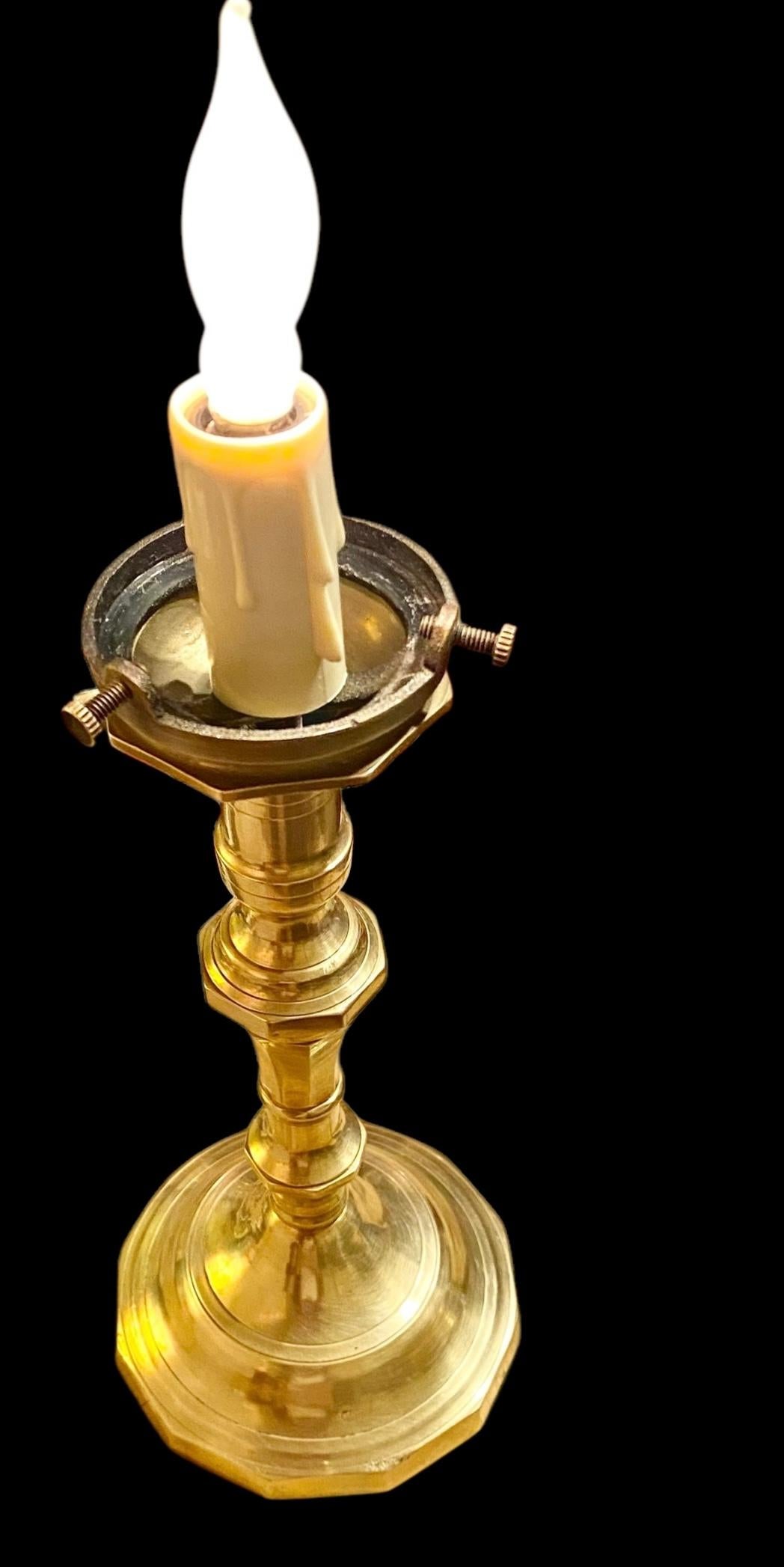 Antique French Sold Brass Candlestick Lamp With Frosted Glass Leaves Shade 1