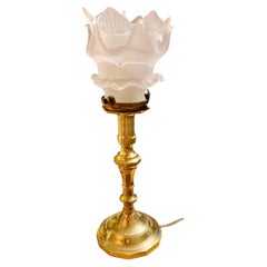 Antique French Sold Brass Candlestick Lamp With Frosted Glass Leaves Shade