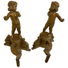 Antique French Solid Bronze Andirons a Pair