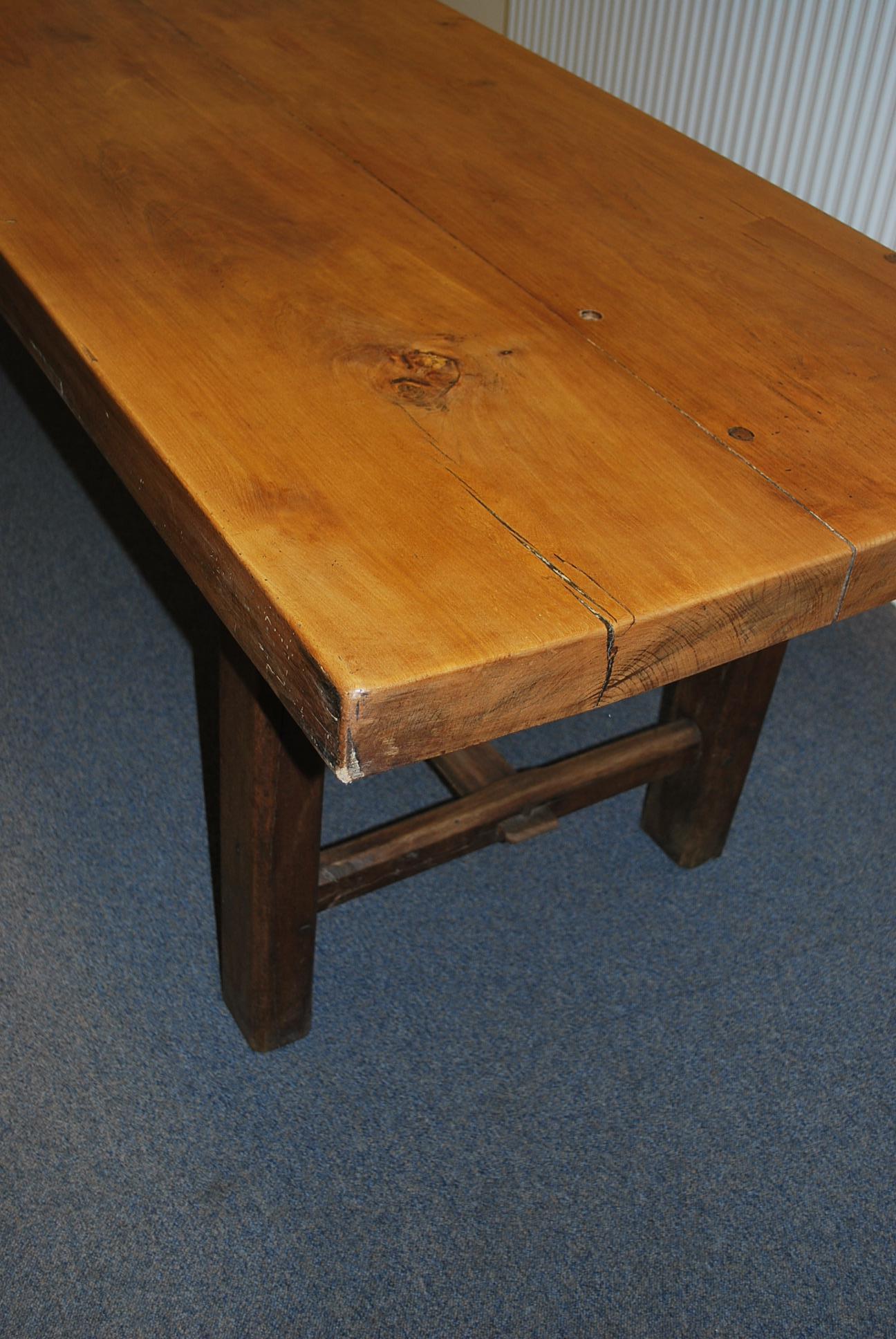 Antique French solid elm Thick Top  Farmhouse kitchen dining Table For Sale 2