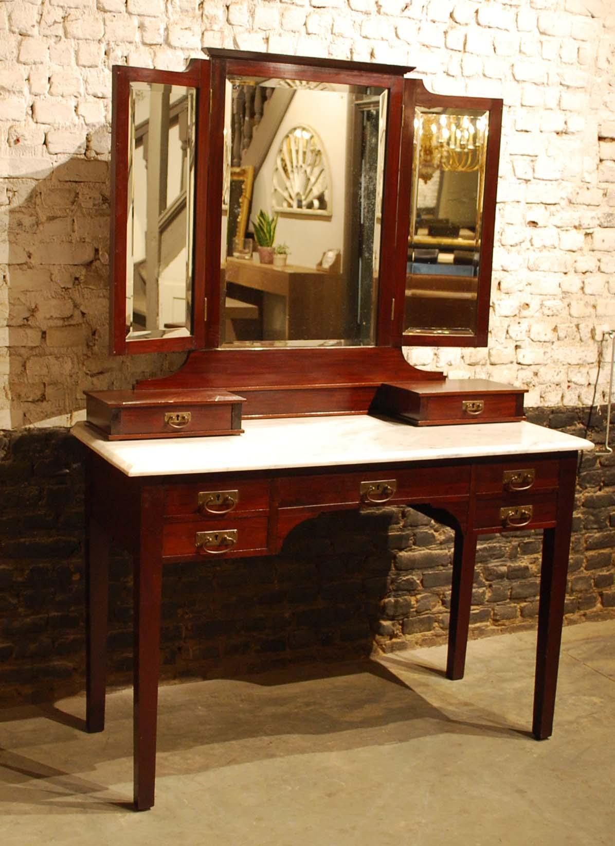 Neoclassical Antique French Solid Mahogany Dressing Table or Vanity with Folding Mirrors