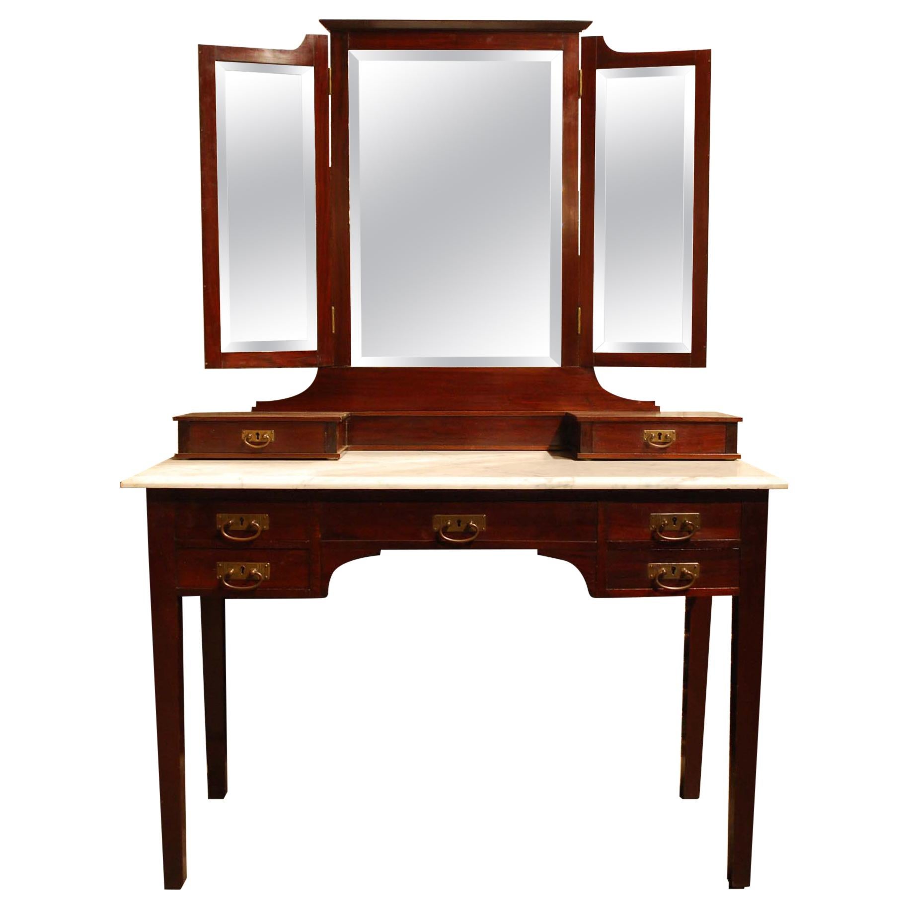 Antique French Solid Mahogany Dressing Table or Vanity with Folding Mirrors