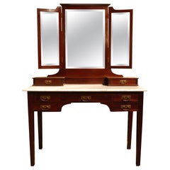 Antique French Solid Mahogany Dressing Table or Vanity with Folding Mirrors