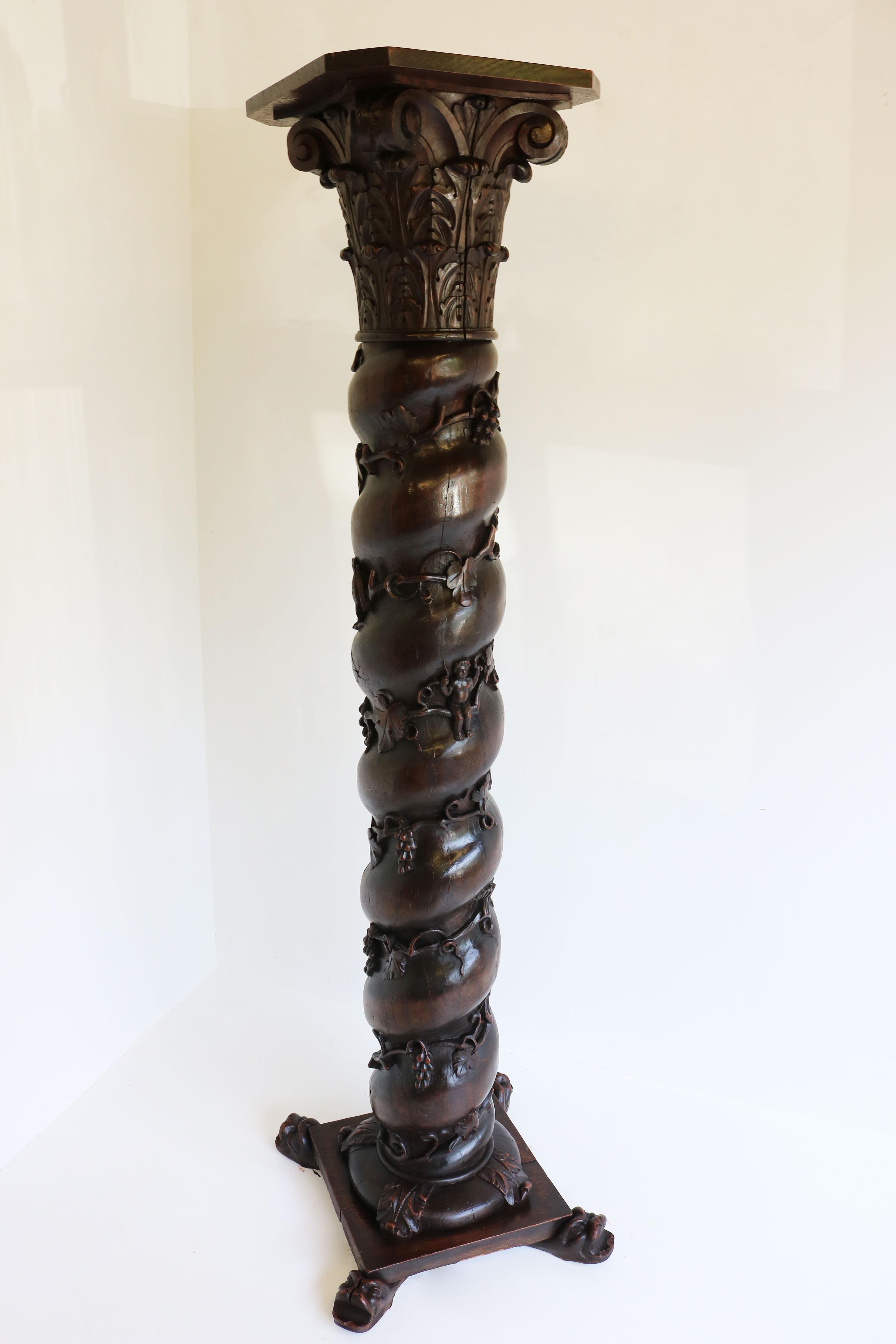 Renaissance Revival Antique French Solid Oak Column / Pedestal Renaissance 19th Century Black Forest For Sale