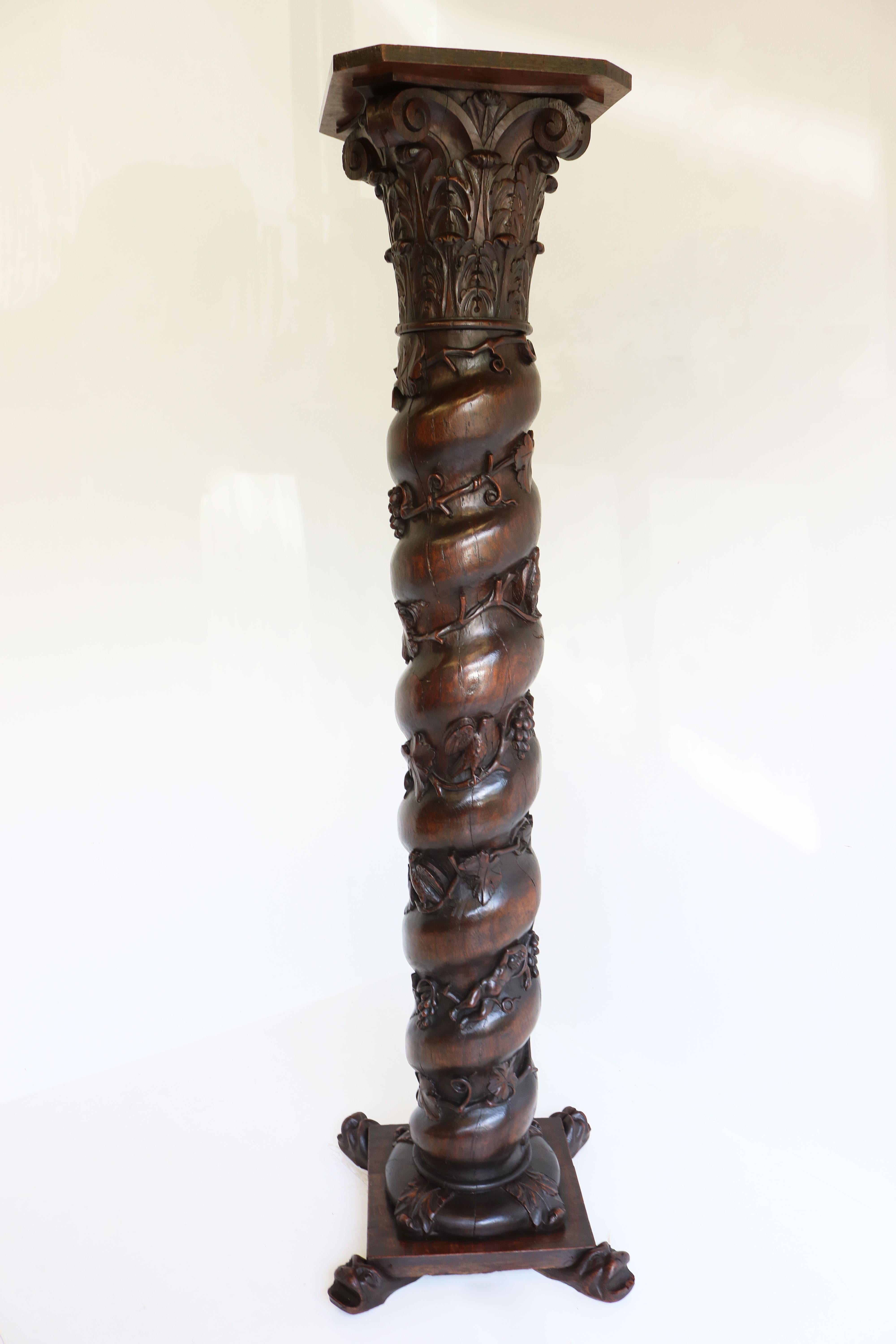 Hand-Carved Antique French Solid Oak Column / Pedestal Renaissance 19th Century Black Forest For Sale