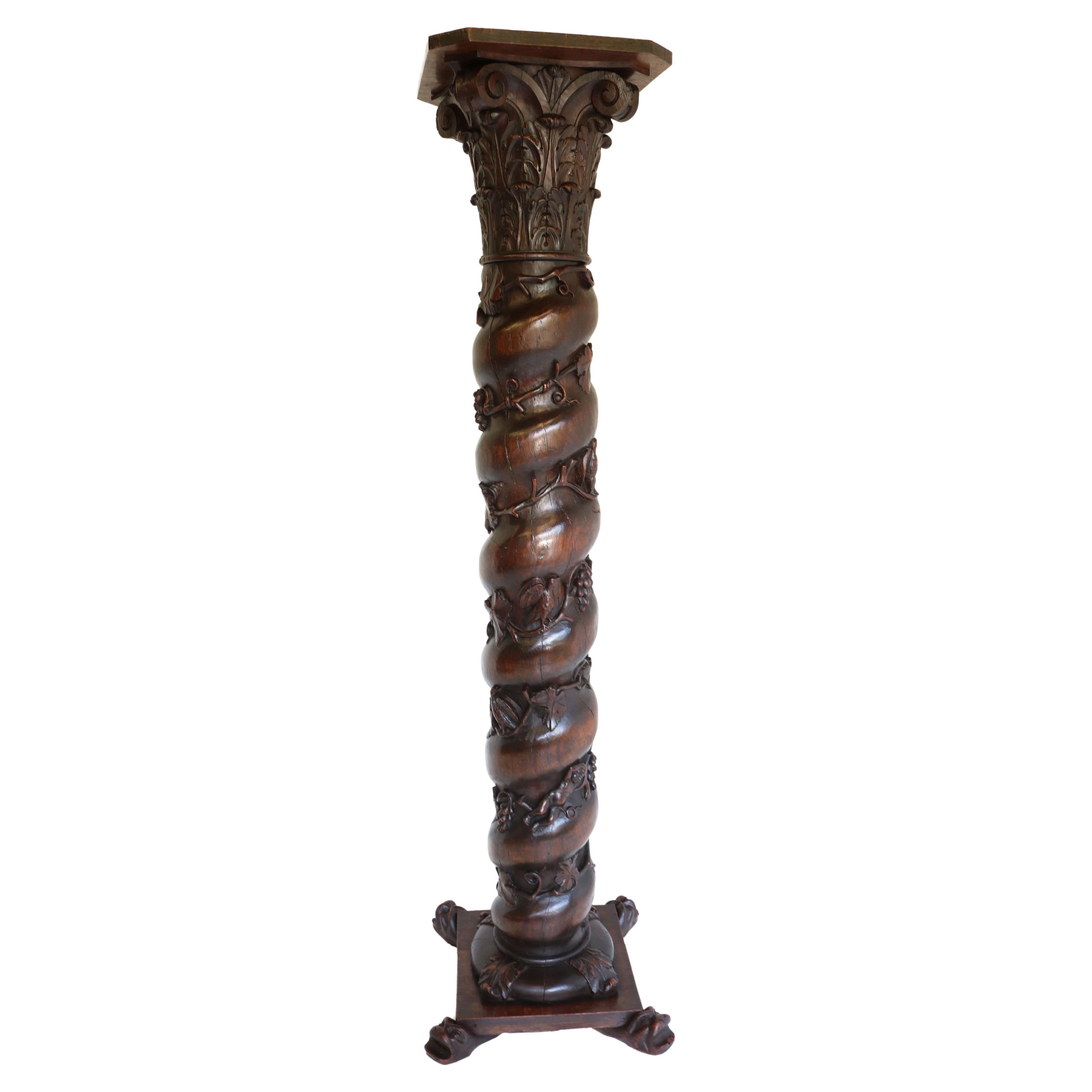 Antique French Solid Oak Column / Pedestal Renaissance 19th Century Black Forest For Sale