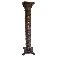 Antique French Solid Oak Column / Pedestal Renaissance 19th Century Black Forest