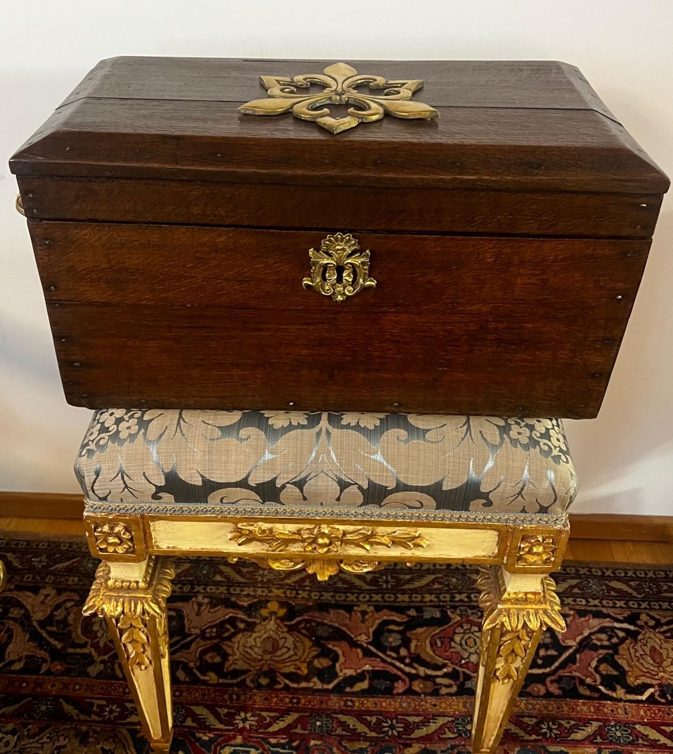 Stunning solid french/ 1 inch thick wooden planks oak wine box decorated with gold gilded bronze handles on both sides and on the lid with a Royal Fleur-de-lis symbol, - an emblem resembling an iris flower and historically associated with France.