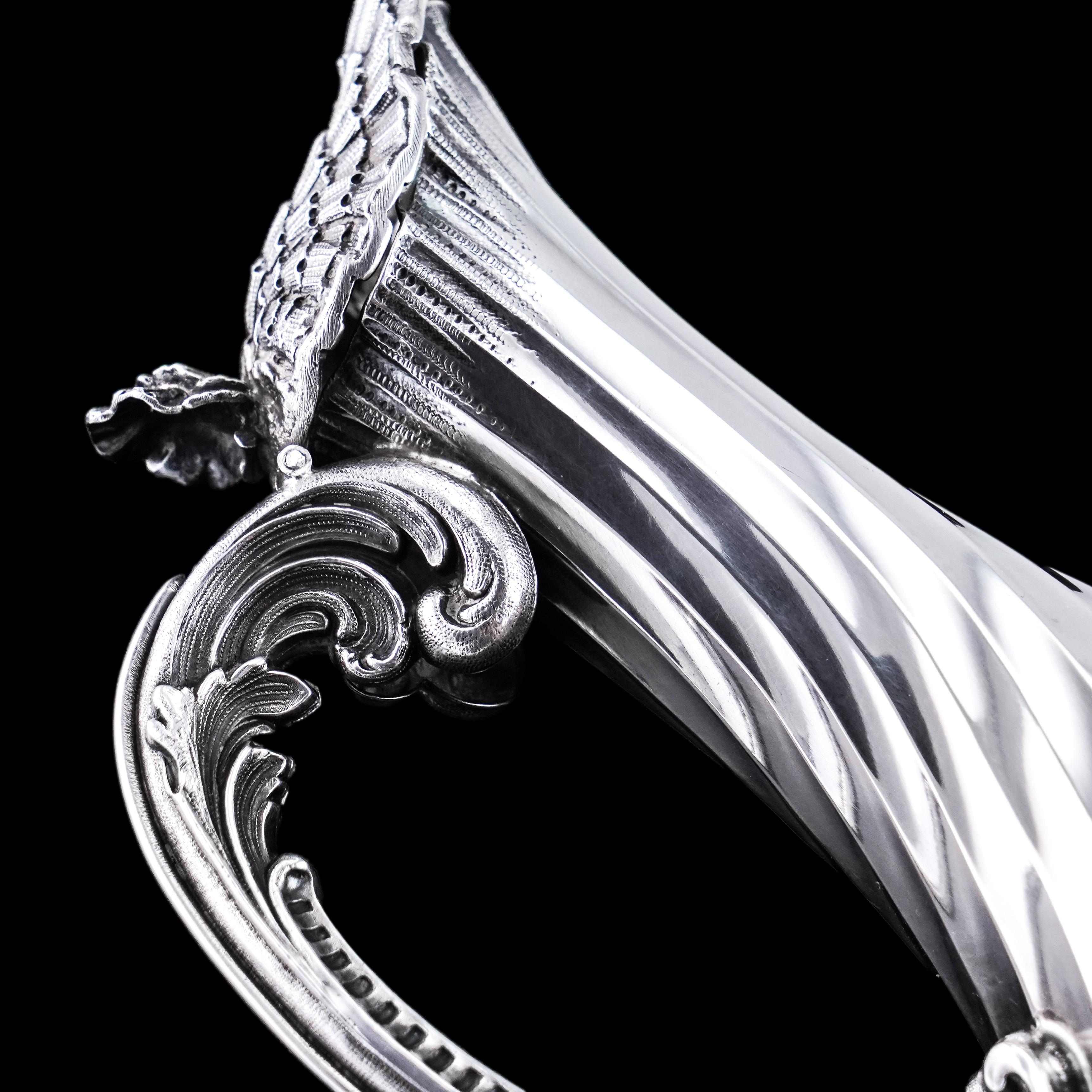Antique French Solid Silver Ewer Glass Mounted, Rococo Shell Design Lancon 1880 For Sale 6