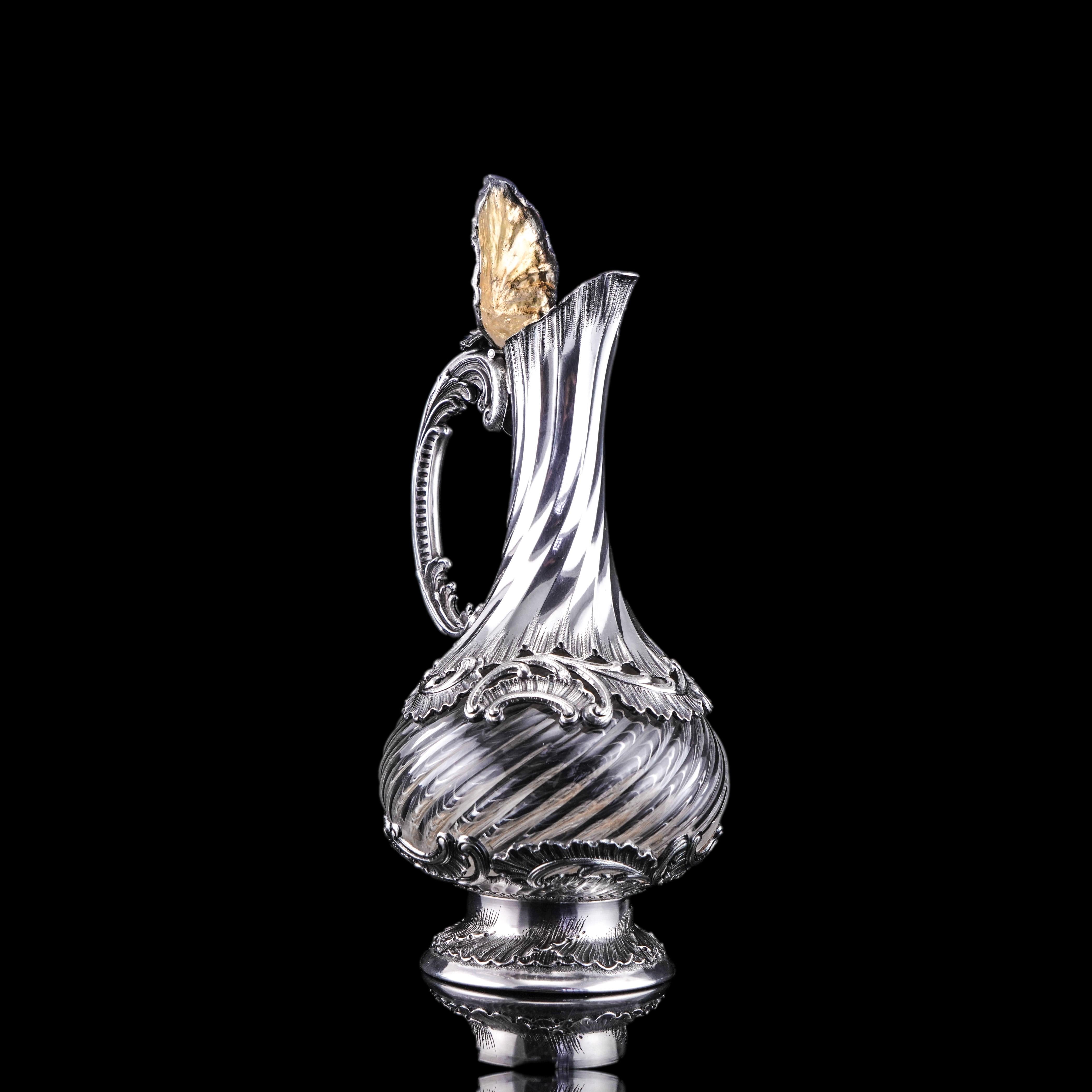 Antique French Solid Silver Ewer Glass Mounted, Rococo Shell Design Lancon 1880 For Sale 7