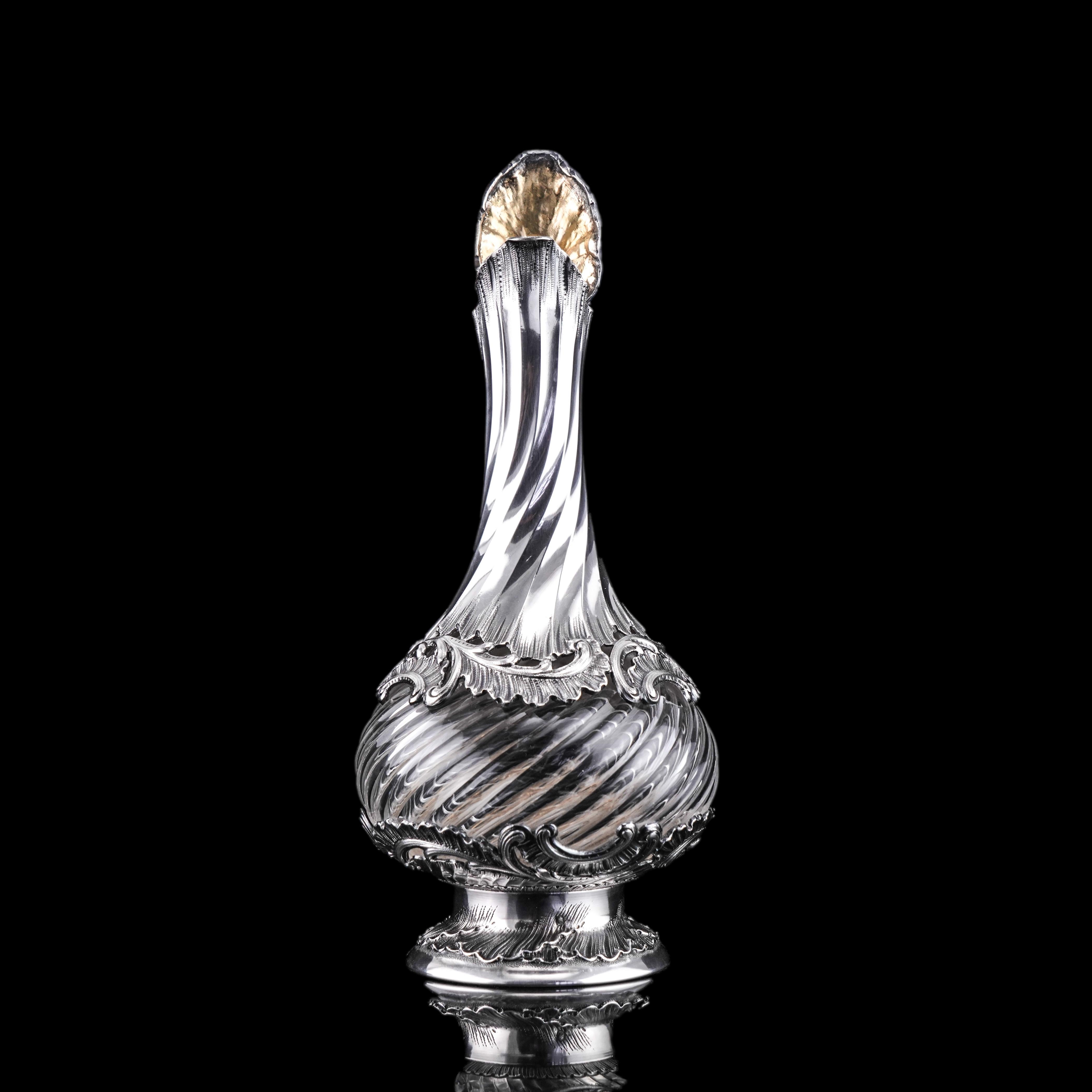 Antique French Solid Silver Ewer Glass Mounted, Rococo Shell Design Lancon 1880 For Sale 8