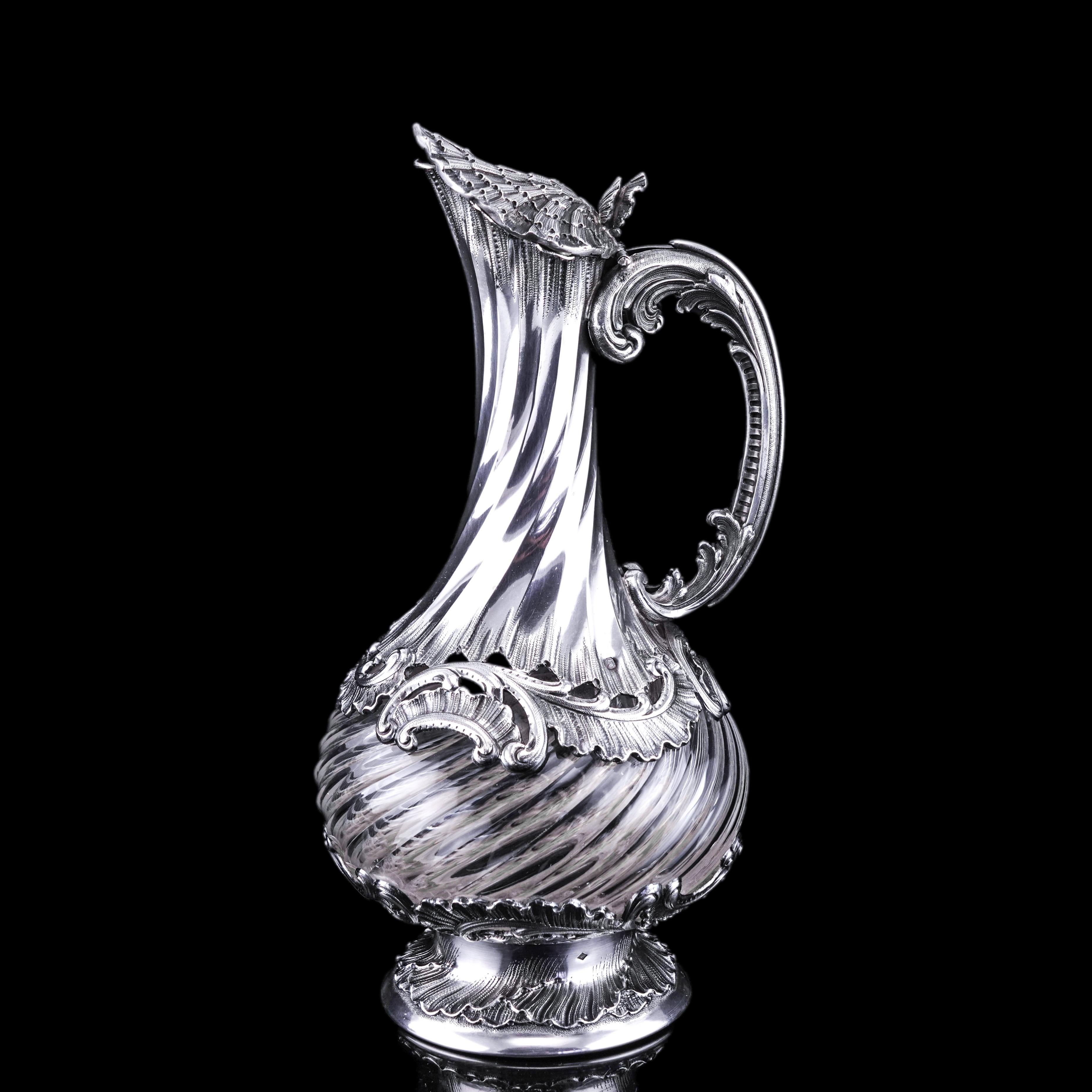 Antique French Solid Silver Ewer Glass Mounted, Rococo Shell Design Lancon 1880 For Sale 9