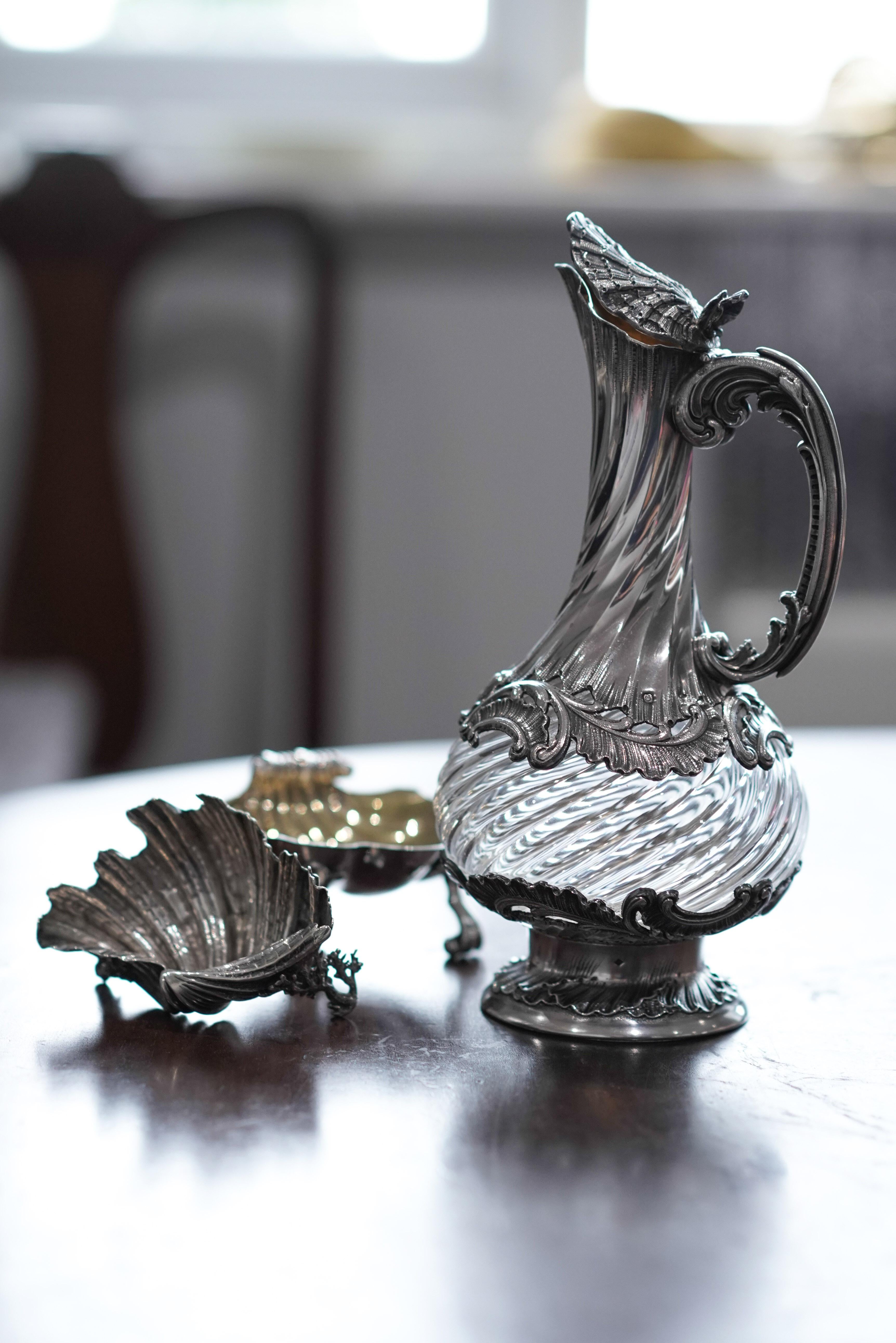 Antique French Solid Silver Ewer Glass Mounted, Rococo Shell Design Lancon 1880 For Sale 10